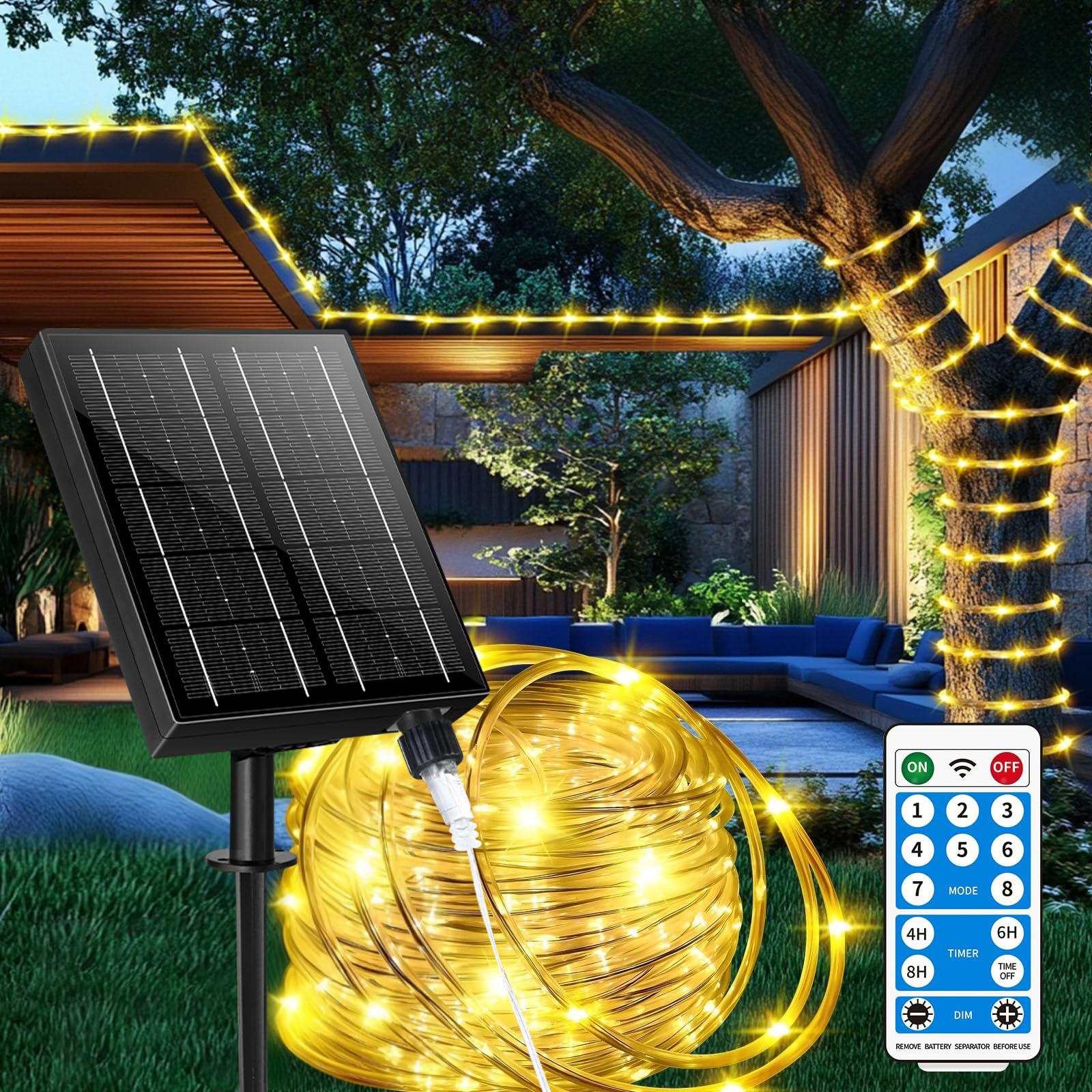 LairtPOW 98FT Waterproof 300LEDs Solar Rope Lights, Type C Charging, Remote-Controlled, for Outdoor Pathway Pool Patio Party Gar