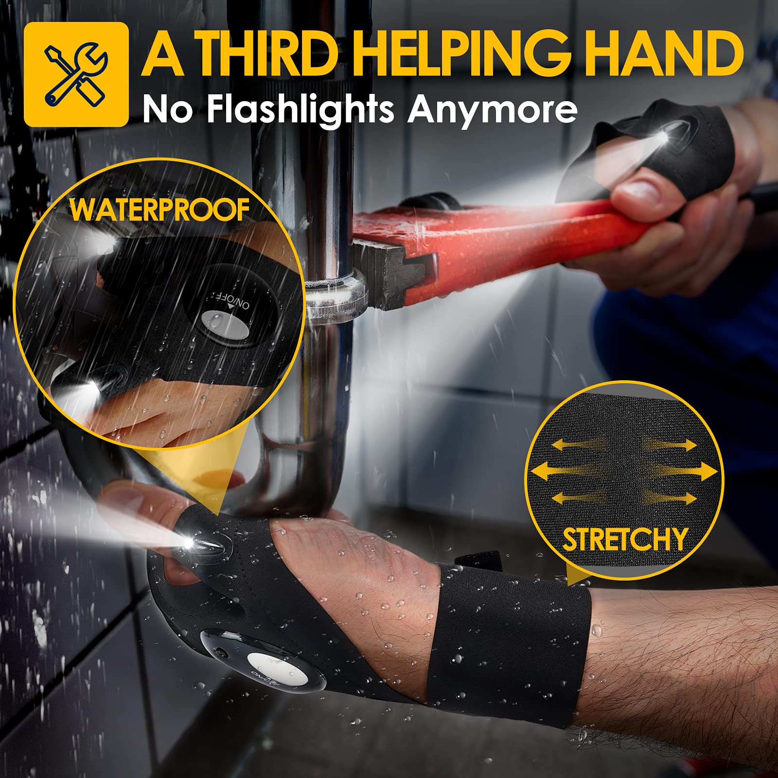 PARIGO LED Flashlight Gloves - Large, Black, Premium Spandex, Finger-less Design, Ideal Gift for Men, Dads, Fishing, Hunting, Camping