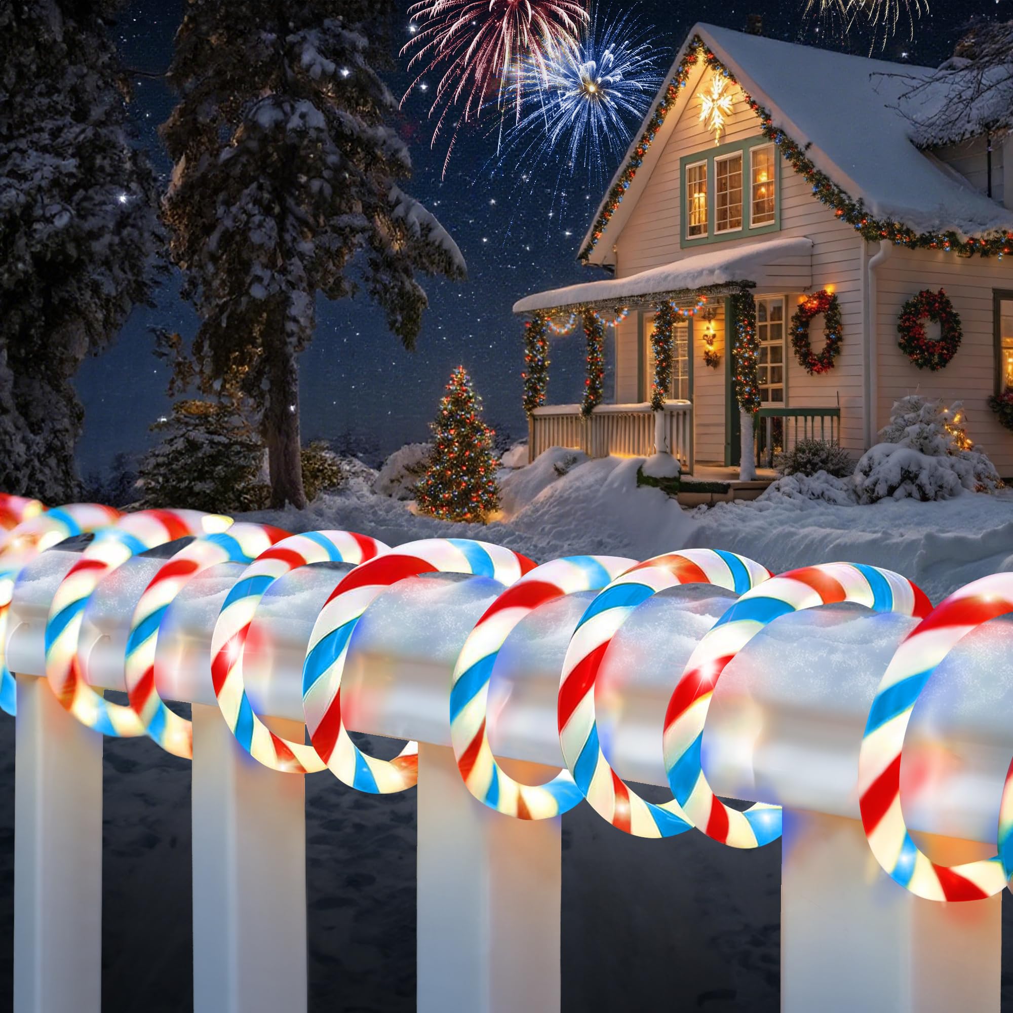 Jnaurb Christmas Candy Cane Lights  66ft 480 LED Connectable White & Red & Blue Candy Cane Rope Lights for Outside  8 Modes Waterproof LED Christmas Light for Garden Patio Tree Holiday Party Decor