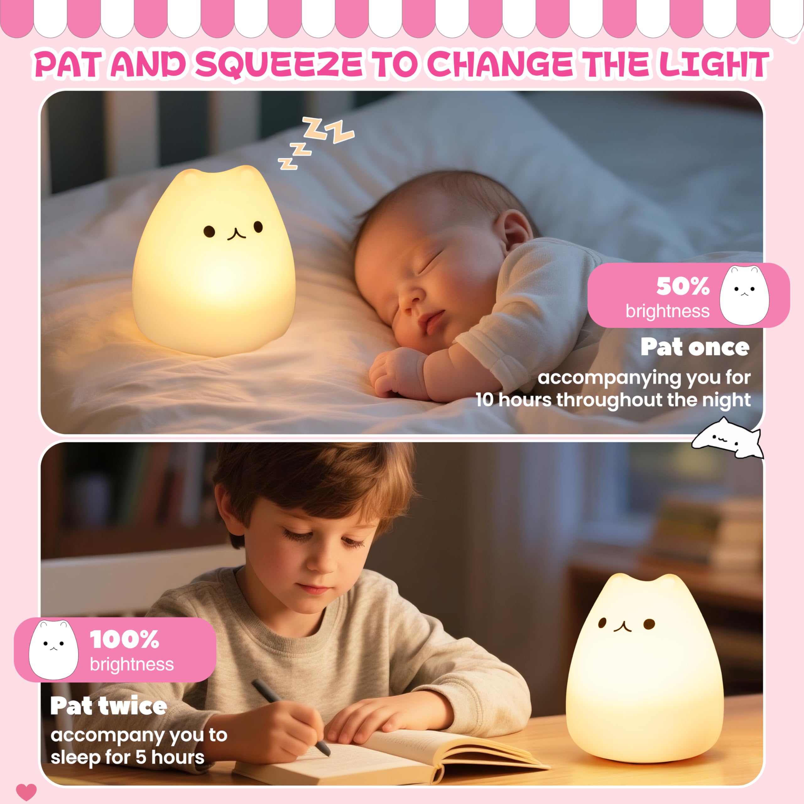 Loatme Night Light For Kids  Cute Cat Squishy Silicone Lamp With 2 Levels Of Brightness  Kawaii Touch Nightlight For Room Decor  Perfect Gifts For Baby  Girl  Boy  Toddler  Nursery