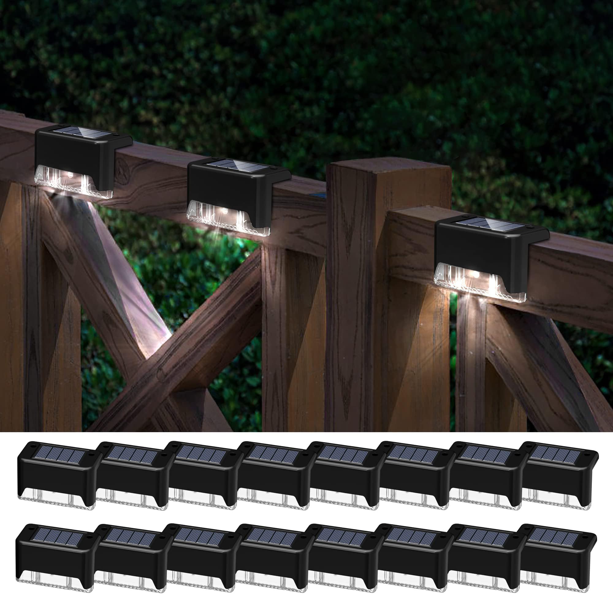 pearlstar Solar Deck Lights, 16 Pack Waterproof LED Stair Lights, Black (White Light), Model: 766b1718, for Outdoor Use