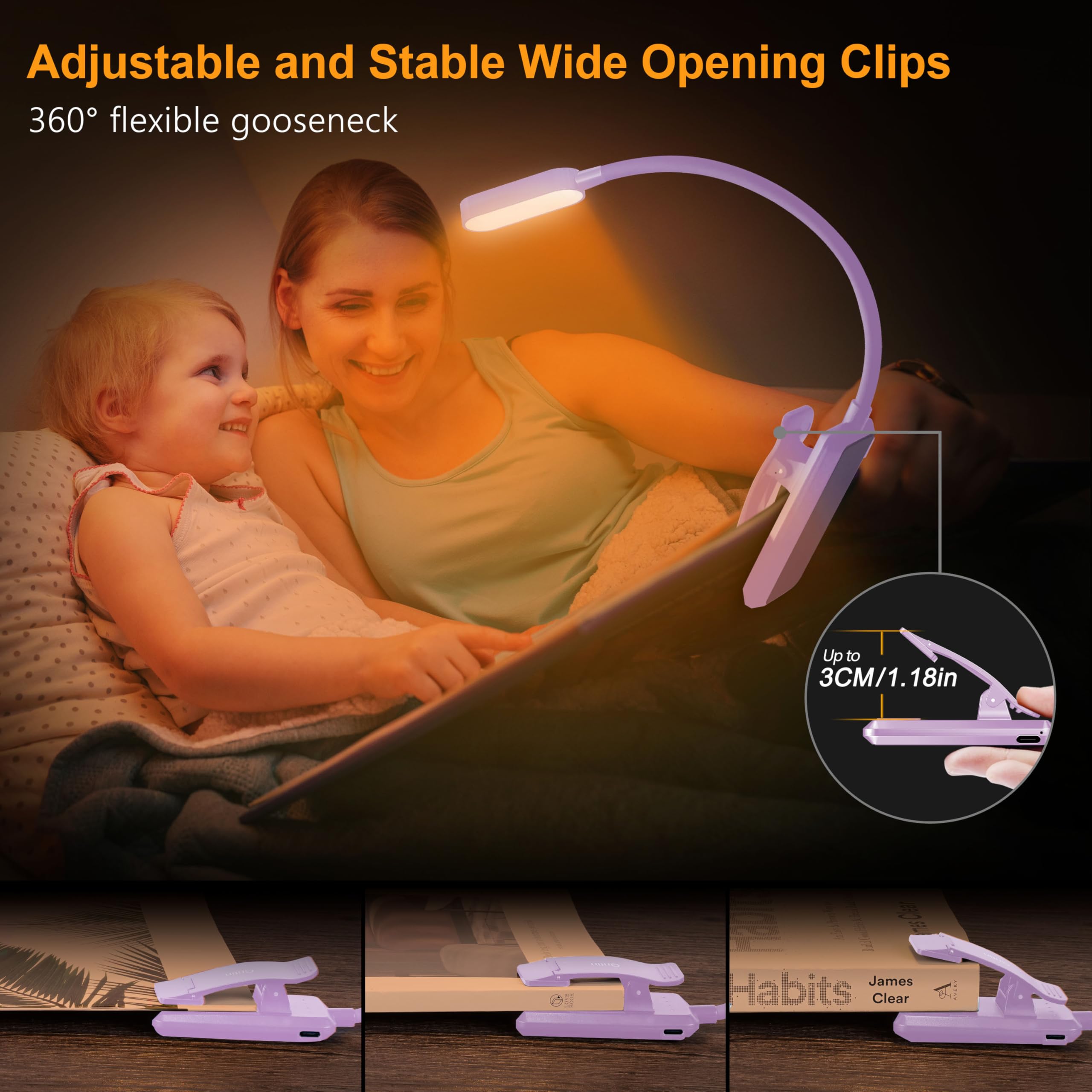 Gritin Rechargeable Book Light - 16 LED, 3 Color Temperatures, Stepless Dimming, 80 Hrs Runtime, Purple, Model G1331