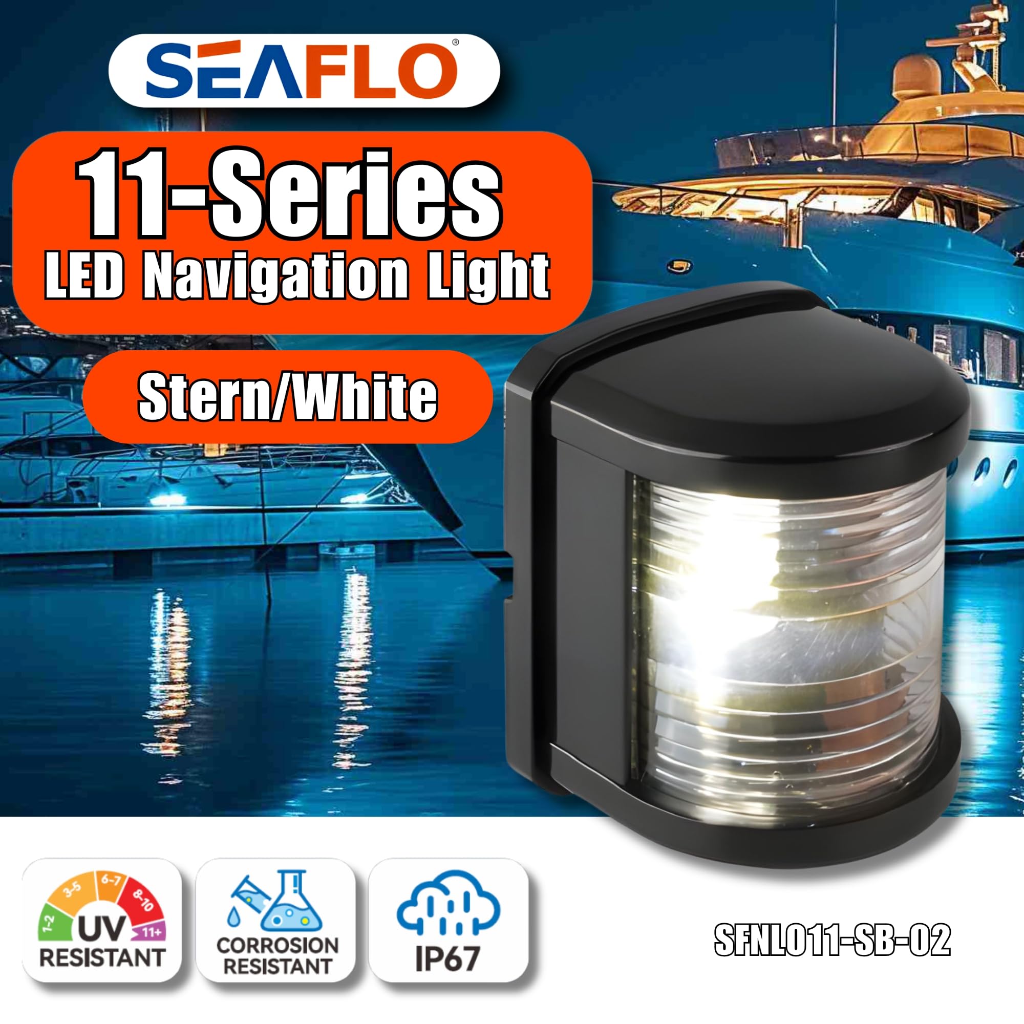 SEAFLO 11 Series LED Stern Navigation Light, 12V, 1W, IP67, 2NM Visibility, Regular Size, White, Model SFNL011-SB-02