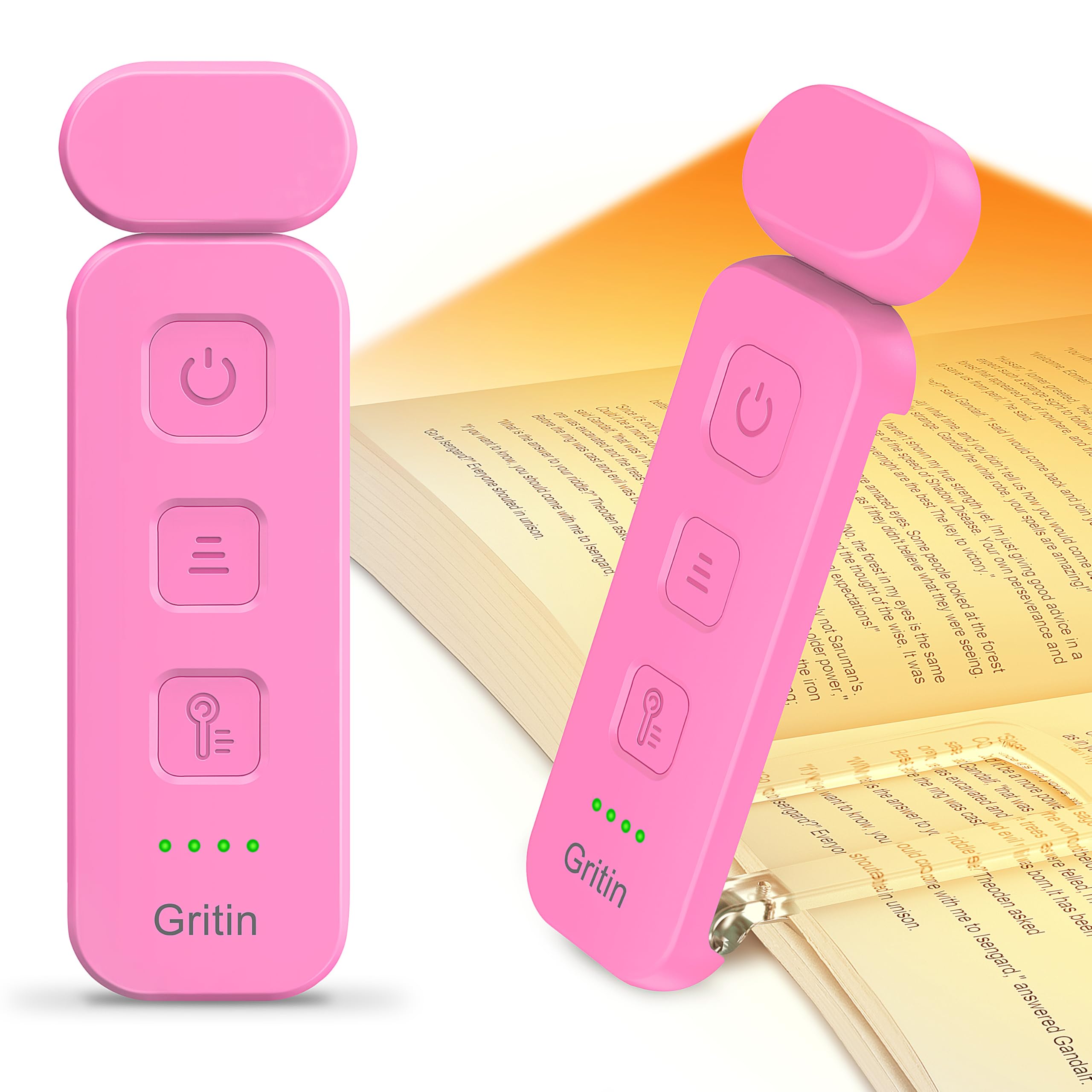 Gritin Reading Light, Rechargeable Book Light for Reading in Bed - Eye Caring 3 Color Temperatures, 5-Level Dimmable Brightness, Long Lasting, Compact Size Clip on Book Lamp for Bookworms-Rose