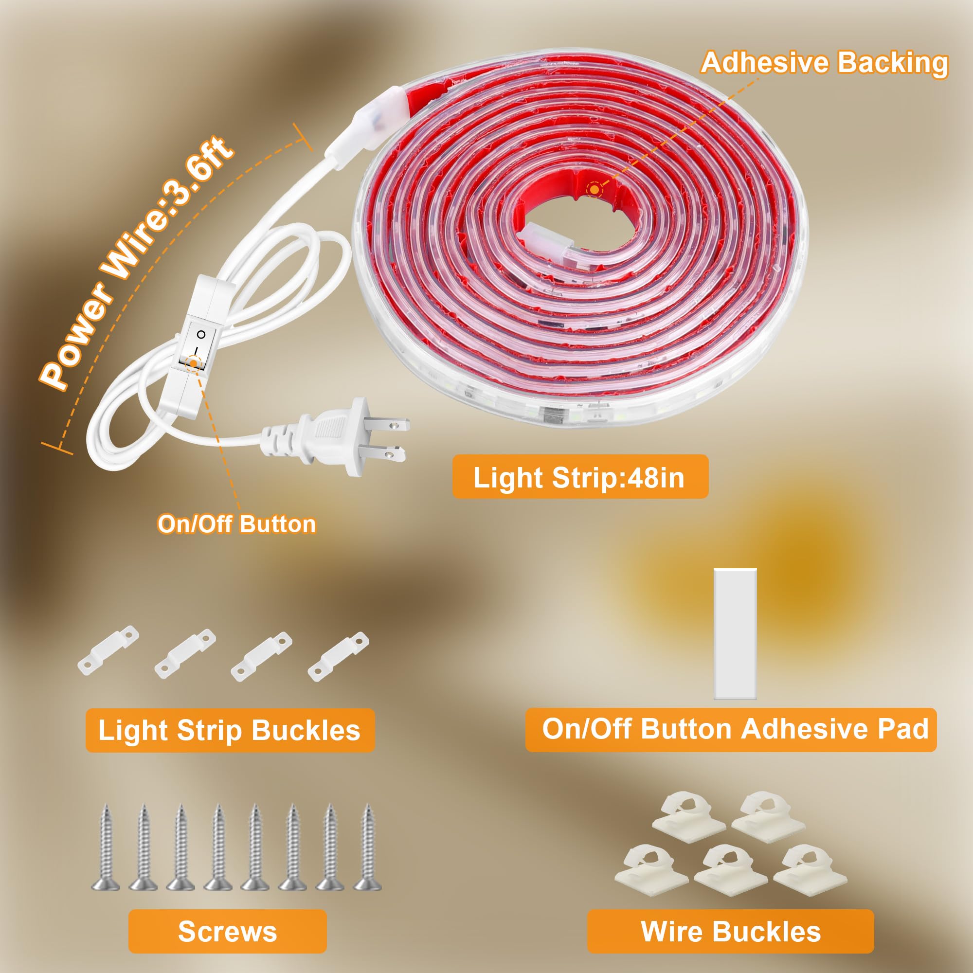 maylit Under Cabinet LED Strip Lighting, 48in, Warm White, 2700K, PCB+LED, Plug-in for Kitchen, Desk, Closet, Shelf