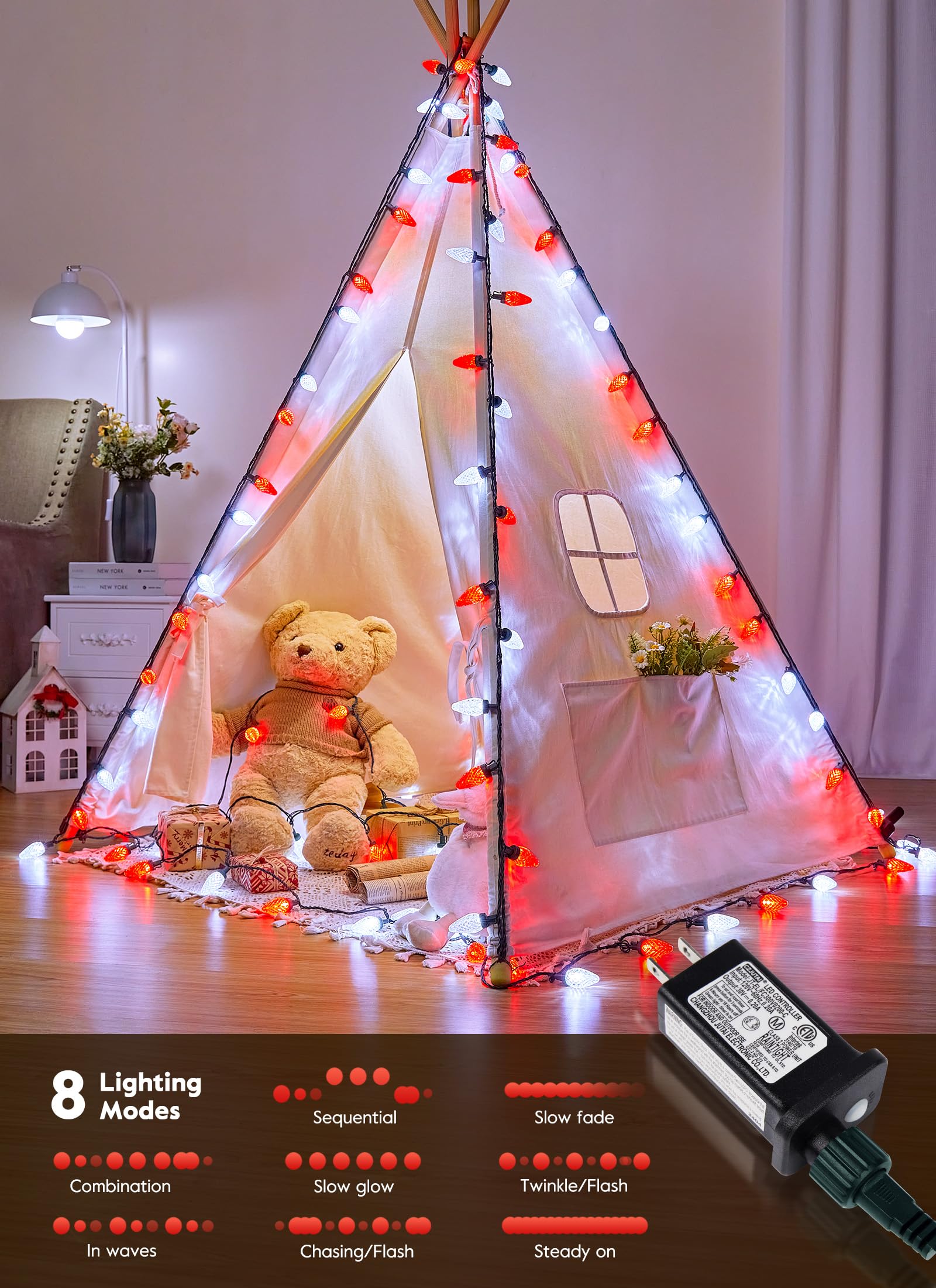 Brightown C9 Christmas Lights, 150 LED, 114FT, Red & Pure White, Waterproof, 8 Modes, UL Listed, Connectable Outdoor Decor