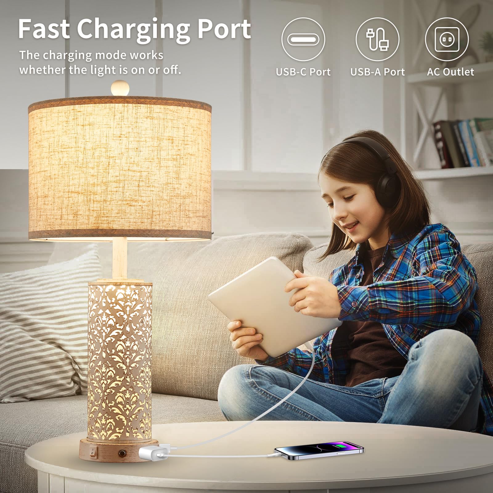 SAIWEYA 26  Farmhouse Table Lamp Dual Light, 3-Way Dimmable Touch Lamps, Rustic Nightstand Bedside Lamps with 2 USB Ports + AC O