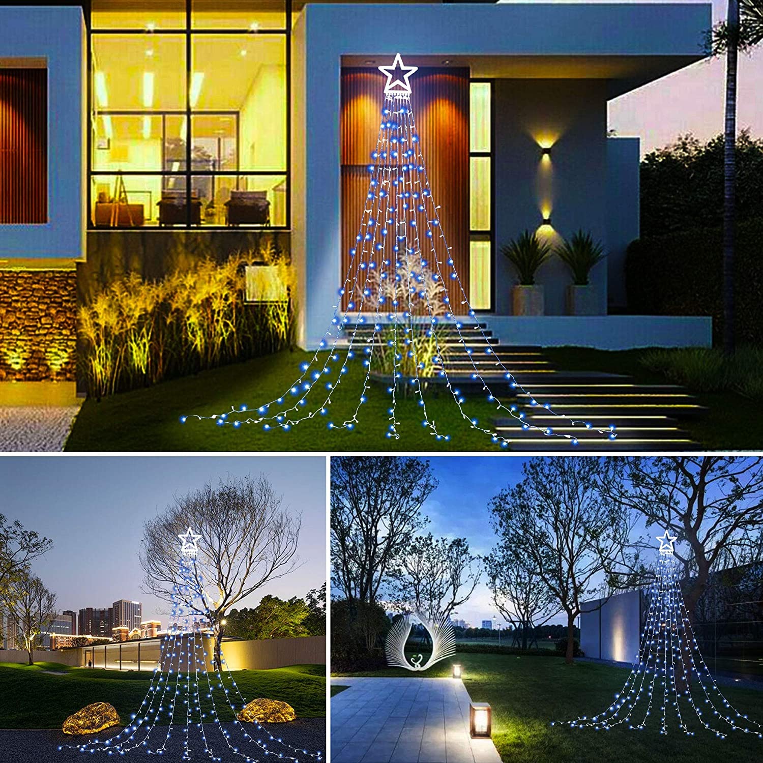 Muyun Christmas Decoration Led Star String Lights, Christmas Star String Lights With 317 Led Hanging Fairy Curtain Lights For Pa