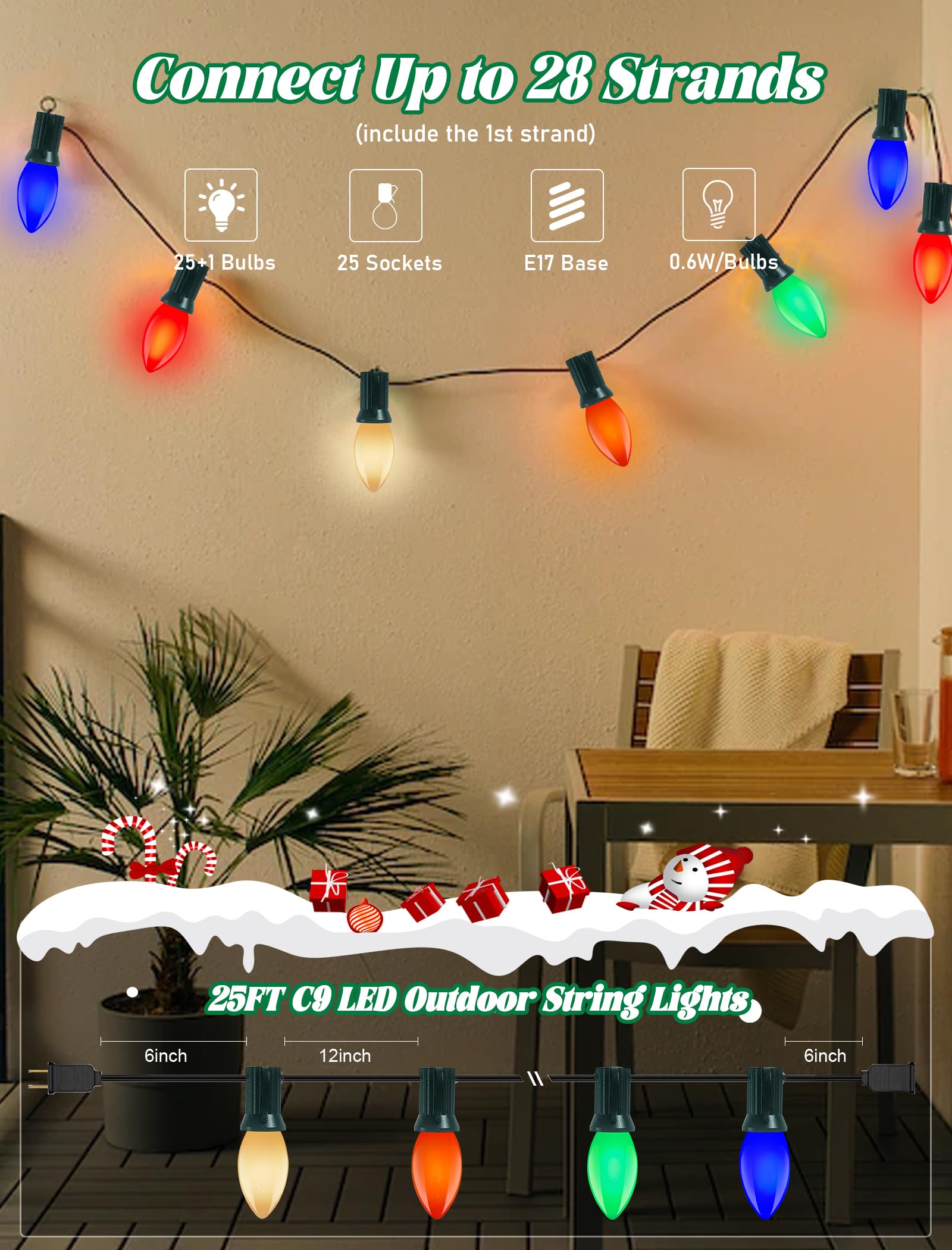 C9 Led Christmas Lights Outdoor 25Ft Outdoor Christmas Decorations String Lights Waterproof With 26 C9 Led Multicolor Bulbs, Han