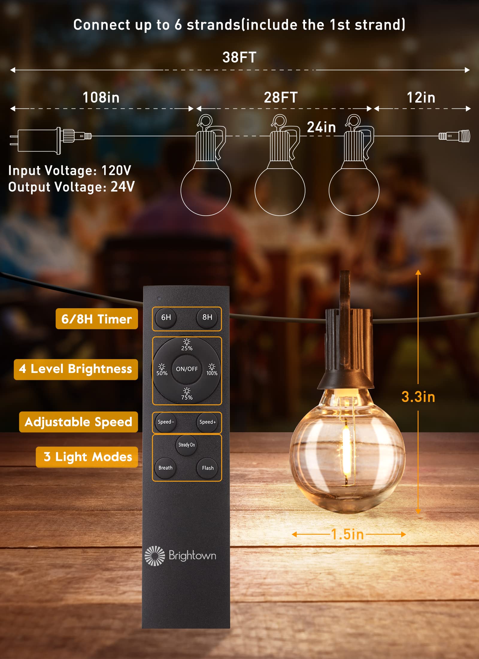 Brightown Outdoor String Lights With Remote, 2 Packs Each 38Ft 15 Led Patio Lights Outdoor Waterproof, String Lights For Outside