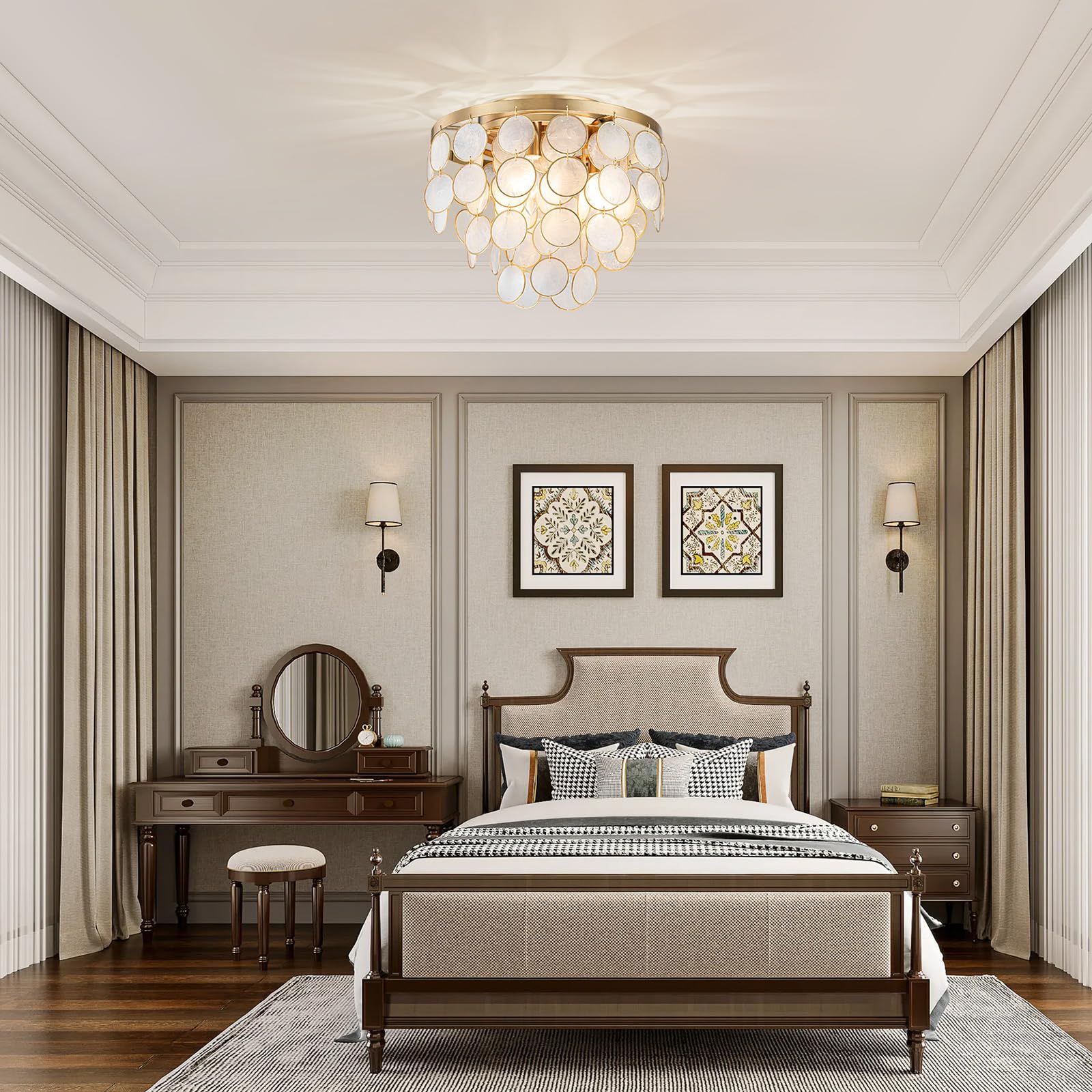 Lumfurn 3-Lights Capiz Shell Ceiling Light, Coastal Design Flushmount Light Fixture For Dining Room, Living Room, Bedroom, True