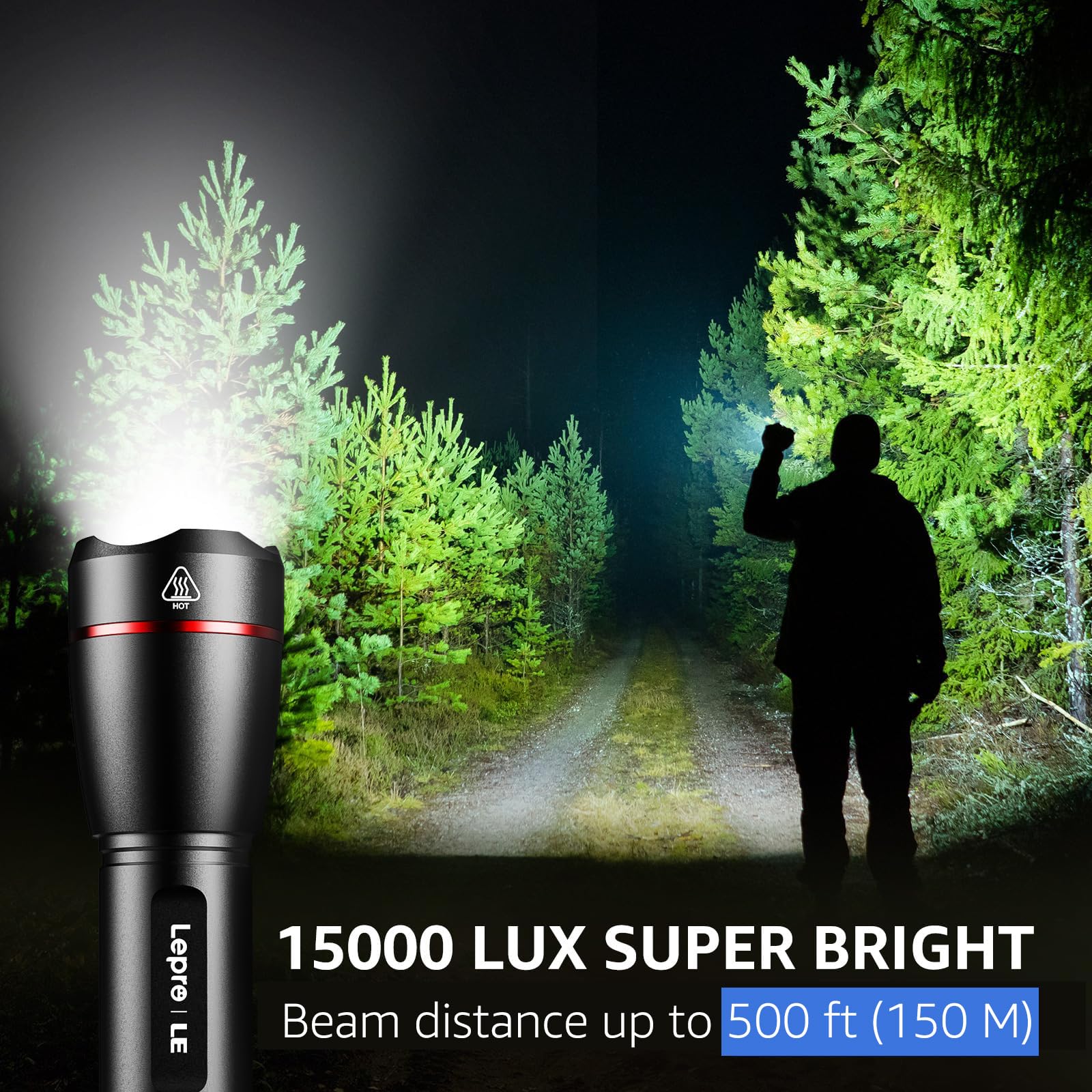 LE Rechargeable Flashlight S1000, 3000 Lumens, Waterproof, 5 Lighting Modes, Black, Aluminum, Compact for Camping and Emergencies