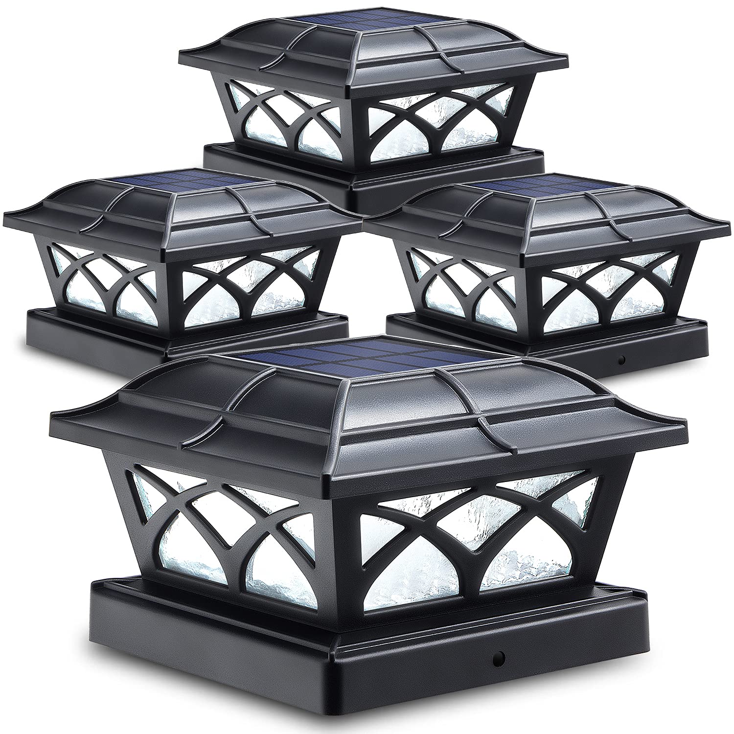 SIEDiNLAR Solar Post Cap Lights, 8 LEDs, 2 Color Modes, Glass, 4 Pack, Brown, Model SD012Z-4PK