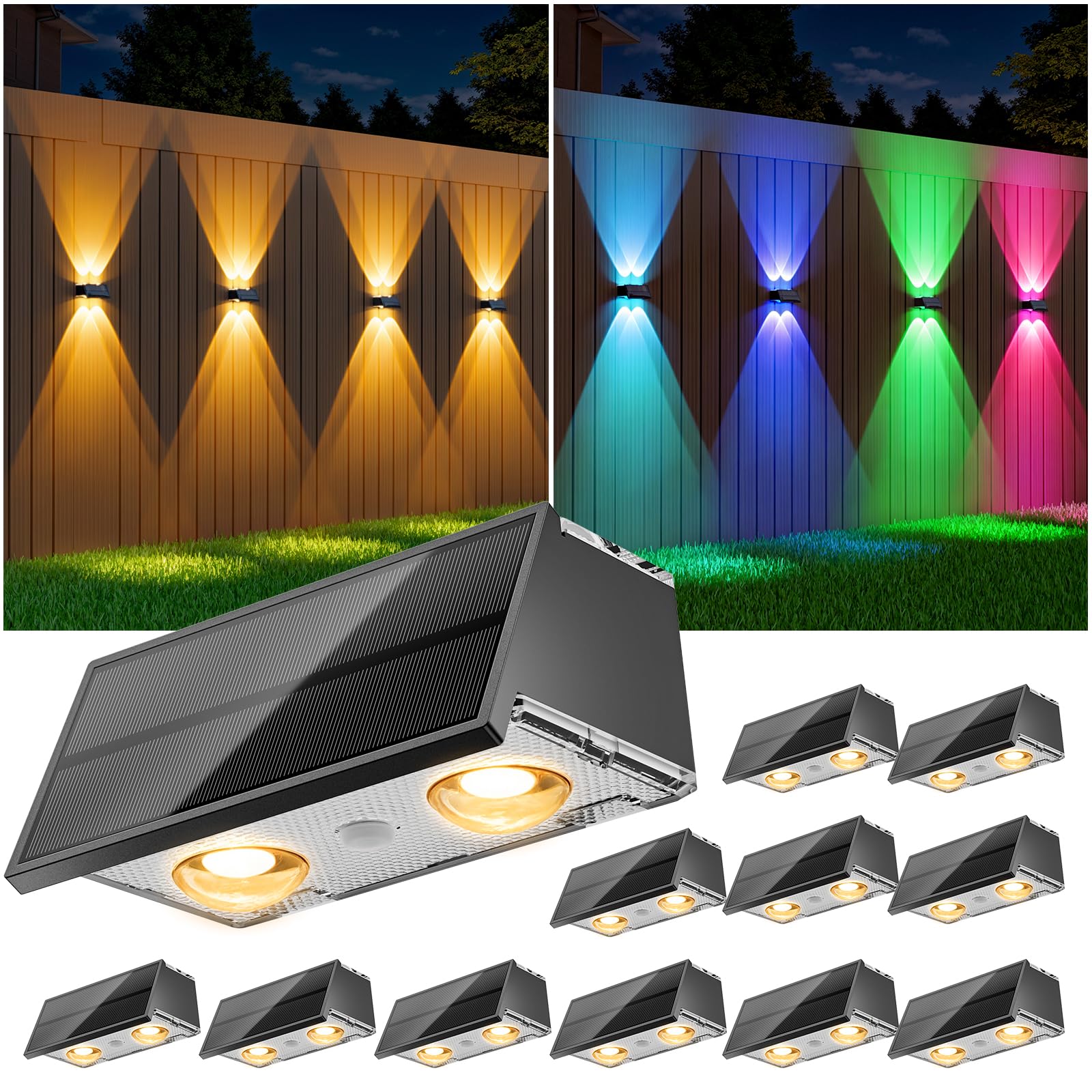NIORSUN Solar Fence Lights 12 Pack Deck Light Led Outdoor Lights 3000K/4500K/6000K+ RGB Up & Down Wall Lights Waterproof Solar Powered Light for Backyard/Pool/Railing/Patio/Porch/Step