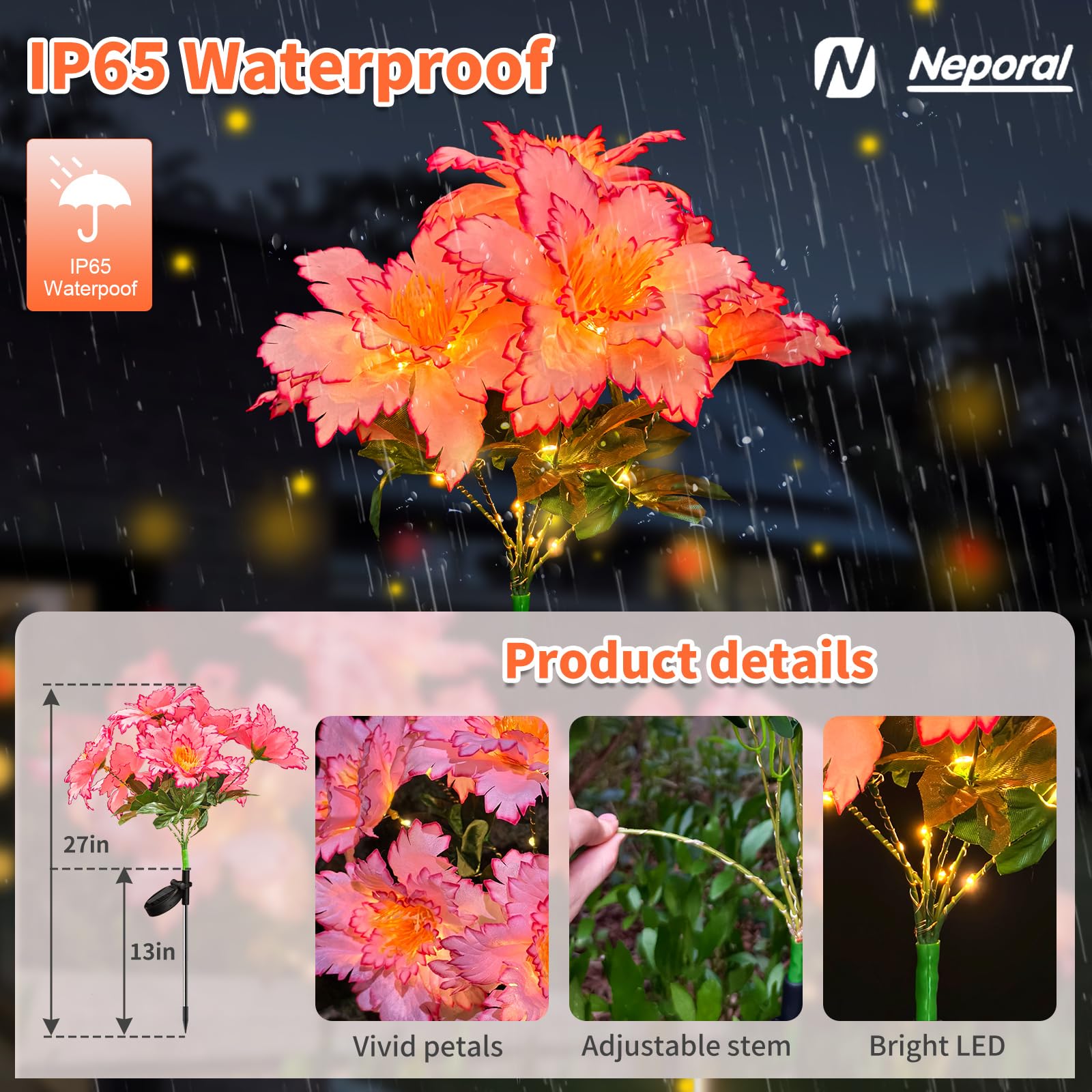 Neporal Solar Flowers Outdoor Waterproof Rhododendron, Garden Solar Lights Decorative 4PK 7-Stem, 2 Decor Lighting Modes, Solar