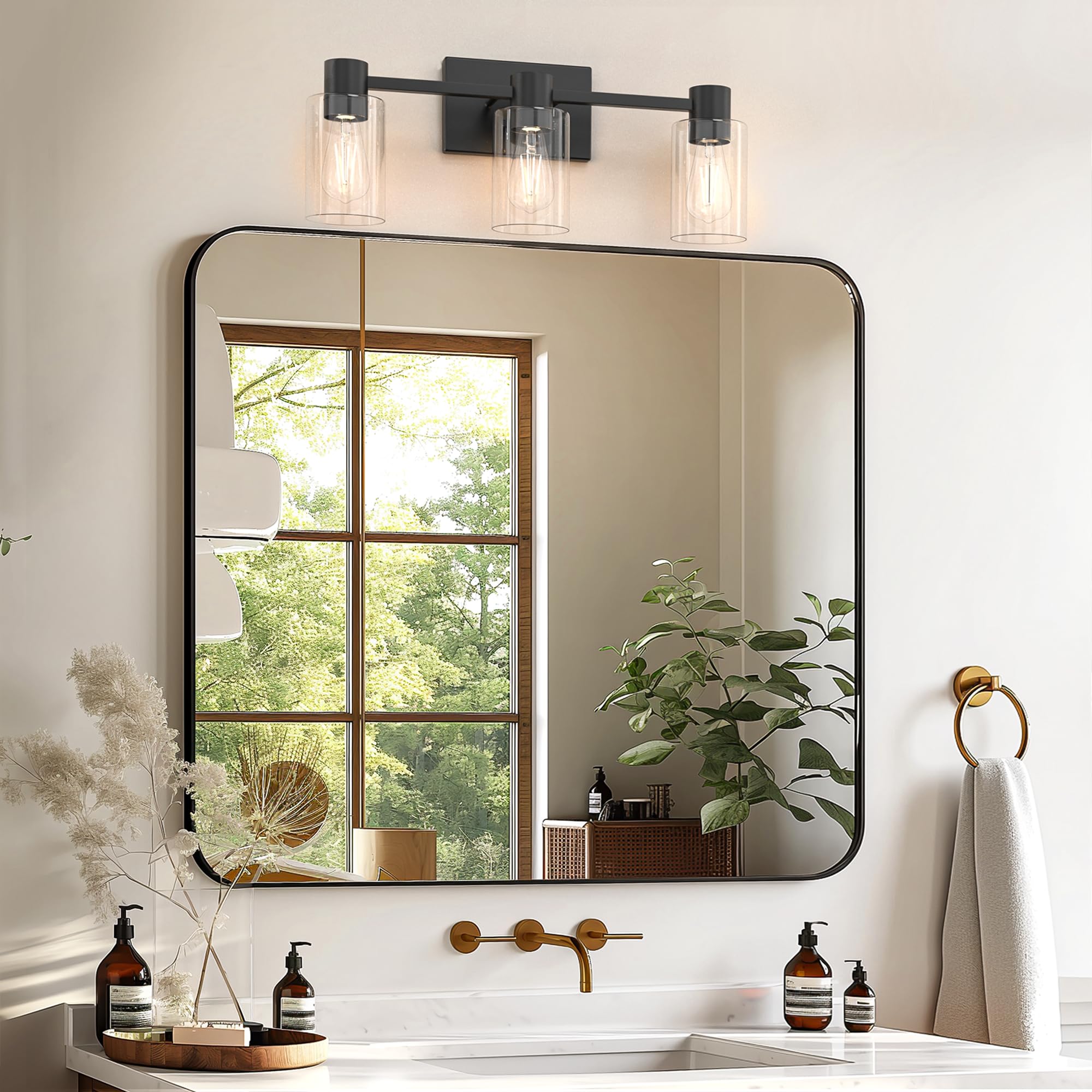 Esfos 3-Light Matte Black Wall Sconces, Modern Glass Vanity Light Fixtures for Bathroom, Living Room, Hallway