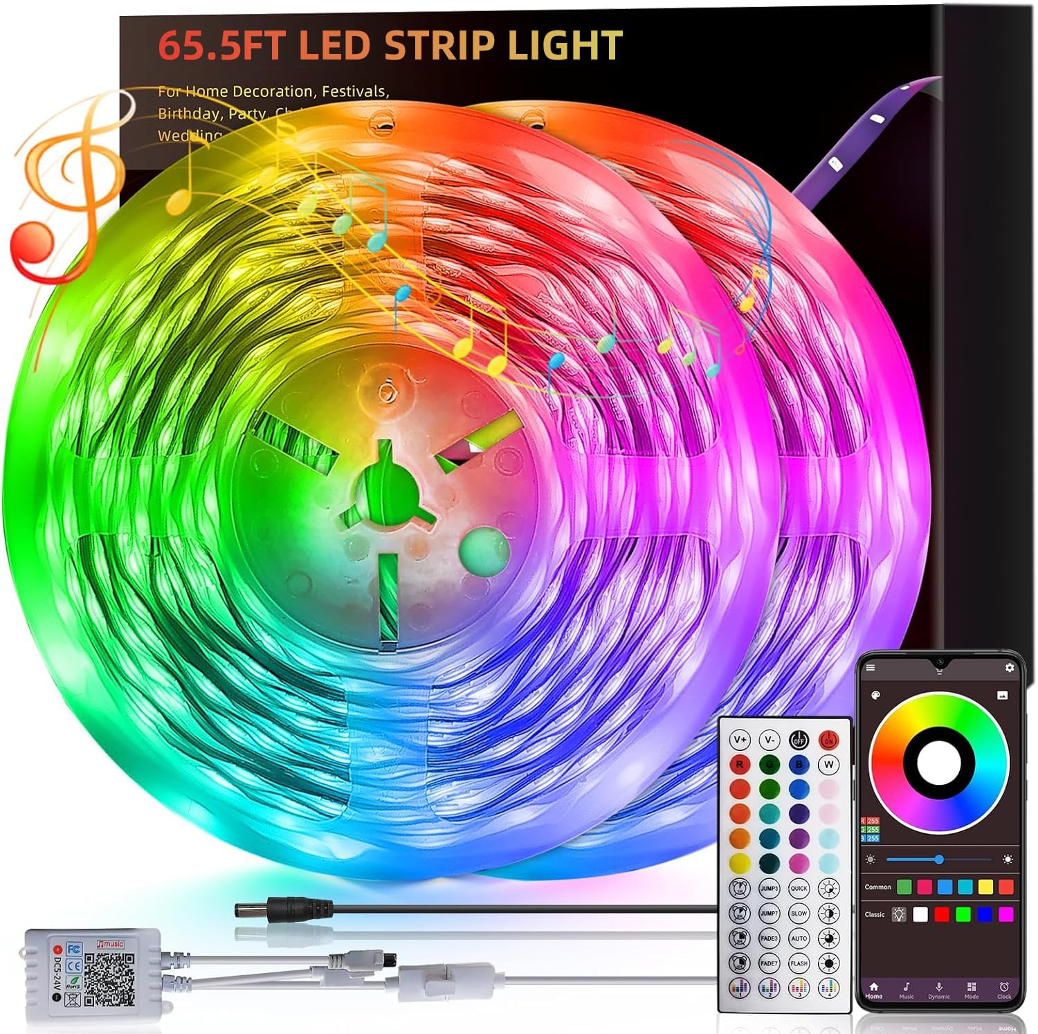 HBOWMDJIA 65.5ft Led Lights for Bedroom, Led Strip Lights Music Sync Corlor Changing, Led Light Strip with Remote & App Control RGB Strip, Led Lights for Room Dorm Home Classroom Ceiling Decor