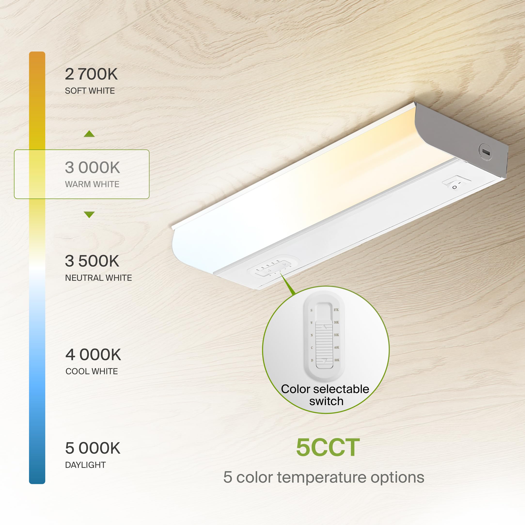 Asd 9 Inch Led Under Cabinet Lighting Hardwired, On/Off & Color Temp Switch, 4W 337Lm, 5 Cct 2700K-5000K Cri90+, Dimmable Under
