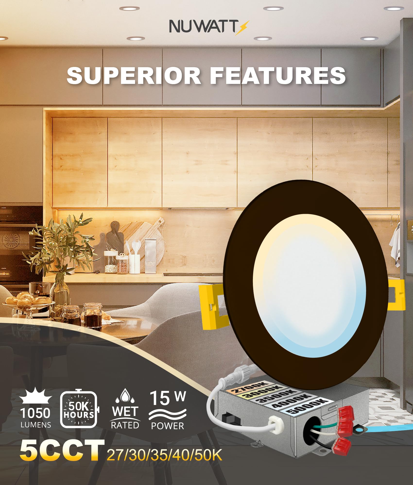 Nuwatt 6 Pack, 6 Inch Ultra-Thin Bronze Led Recessed Lighting, 5Cct 2700K/3000K/3500K/4000K/5000K Selectable, 1050Lm, 15W, Ic Ra