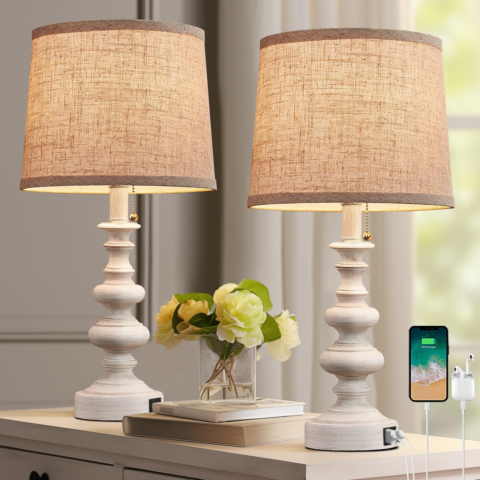Bowobo 21'' Farmhouse Table Lamps For Bedroom Set Of 2 Rustic Bedside Lamps For Nightstand With Usb A+C Ports White Side Table L
