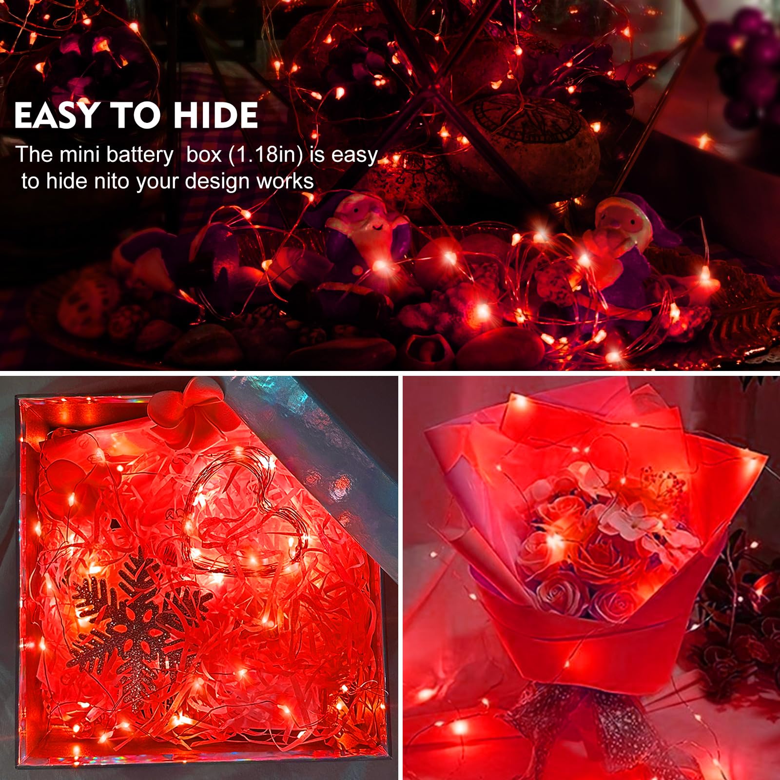 Aikei 24 Pack Led Fairy Lights Battery Operated, String Lights Waterproof 7 Feet 20 Led Firefly Starry Lights For Valentines Day Wedding Party Bedroom Garden Christmas Decoration Red