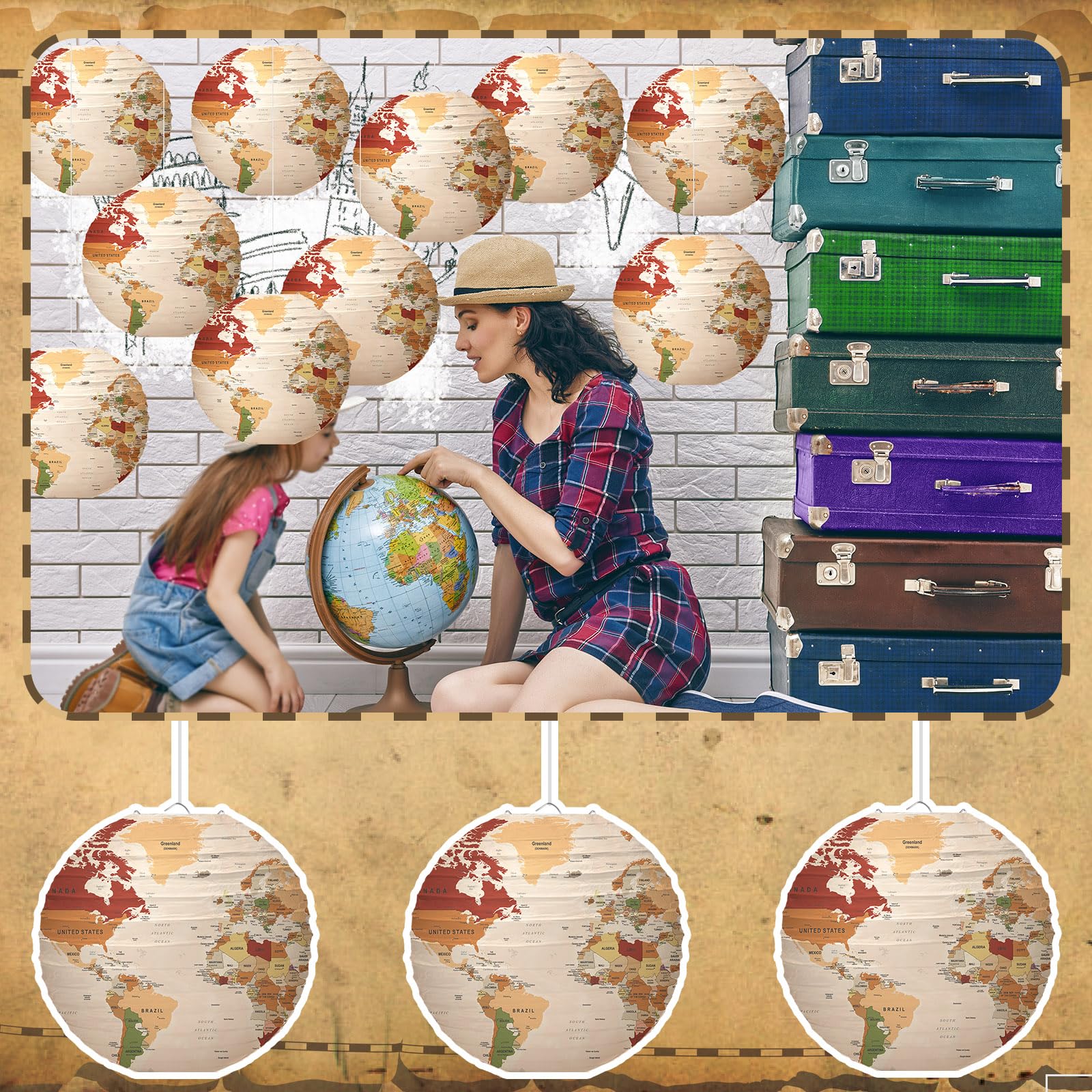 Bencailor 16 Pcs 12 Globe Decor Hanging Paper Lanterns, Earth Day Decorations, Around The World Travel Theme World Map Classroom