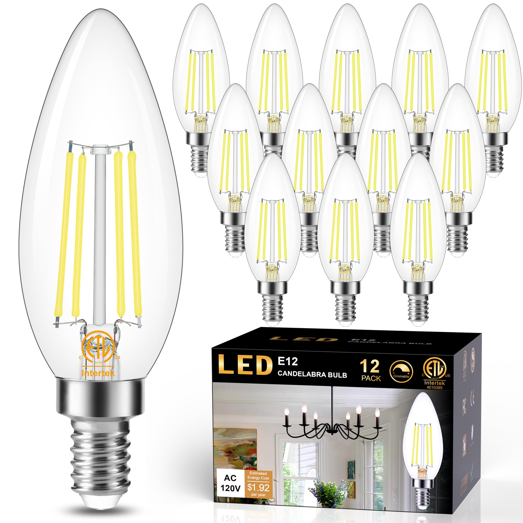 Cotanic Dimmable LED Candelabra Bulb with E12 Small Base, C35 Ceiling Fan Light Bulbs, 5000K, 4W, 60W Equivalent, 600LM, 12 Pack, Vintage Candle Lightbulb for Chandelier, Sconce, Porch Lights