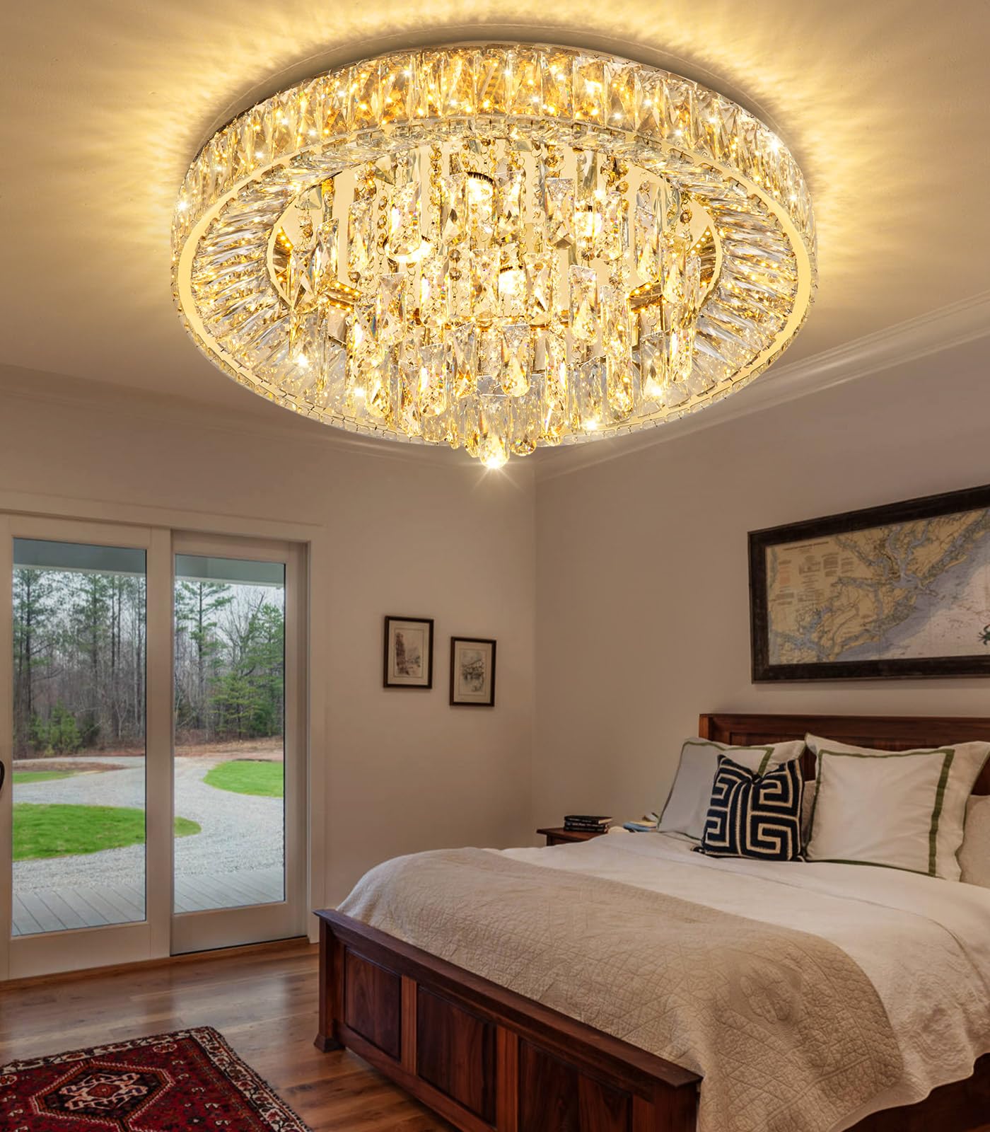 23.6'' Modern Crystal Chandeliers Led Dimmable Flush Mount Ceiling Chandeliers For Living Room Entrance Foyer Bedroom Gold