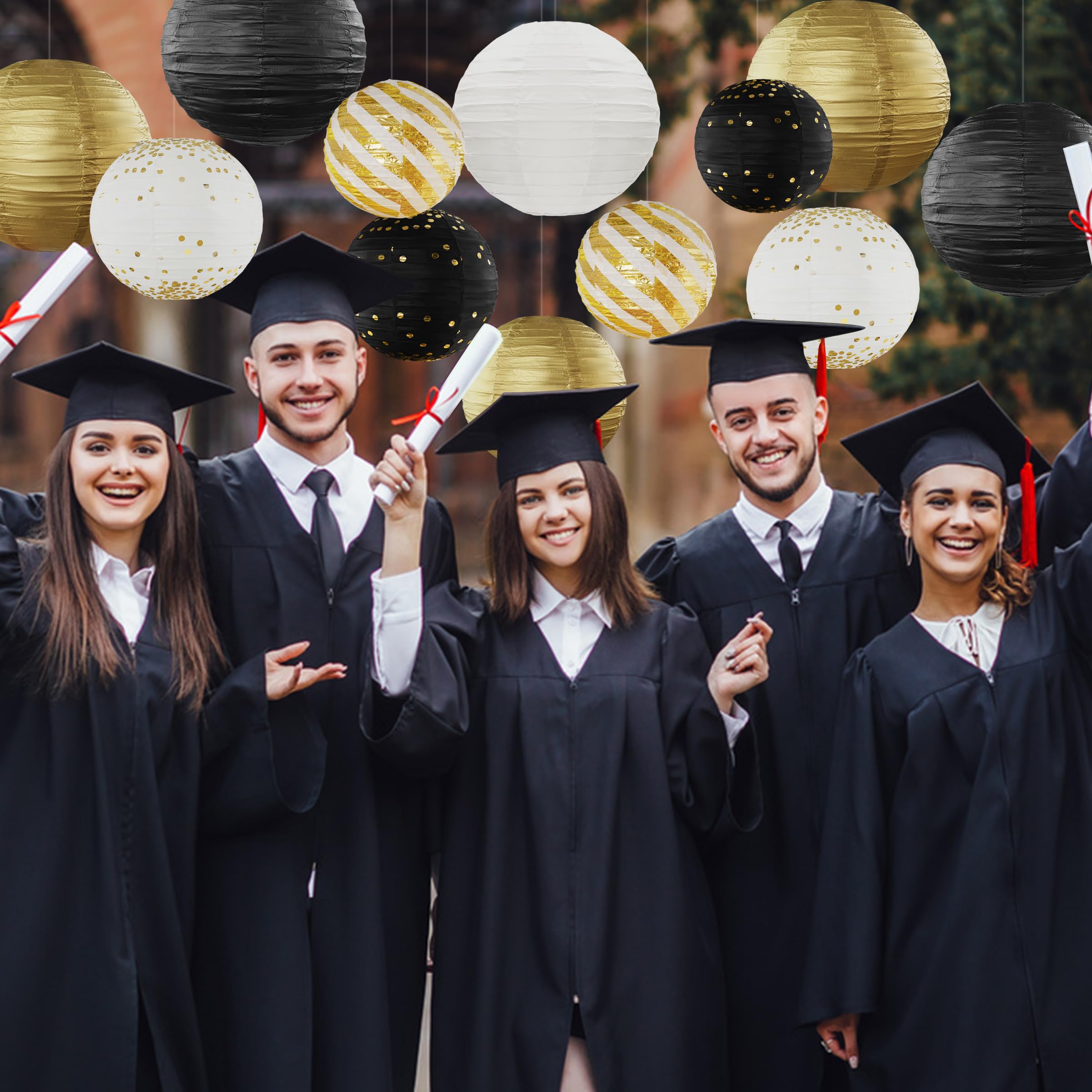 Black And Gold Graduation Decorations Hanging Paper Lanterns 12Pcs Paper Lanterns Decorative For Graduation Birthday Anniversary