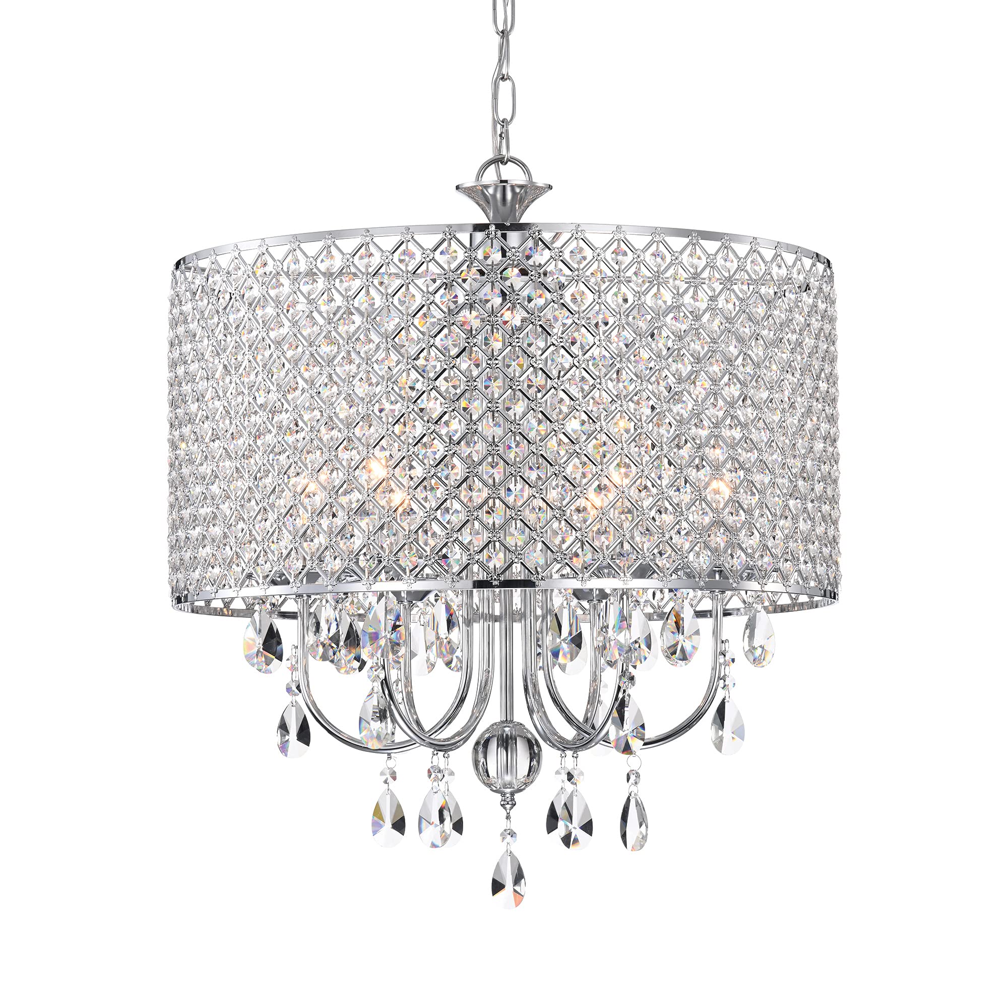 Edvivi Marya 6-Light Chrome Drum Crystal Chandelier, Adjustable Ceiling Light Fixture For Dining Room, Living Room, Bedroom