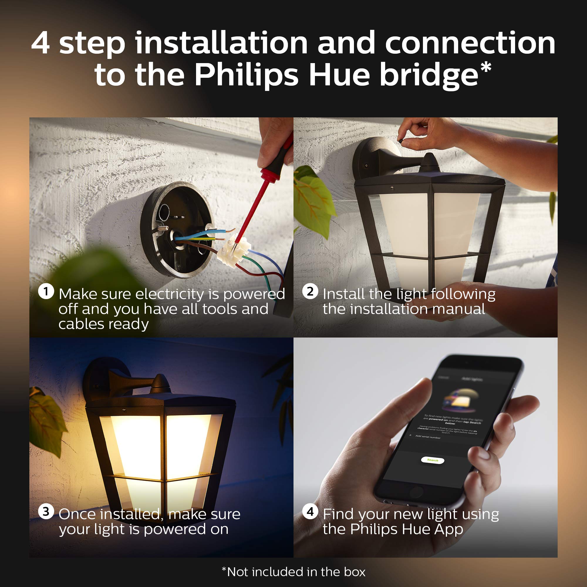 Philips Hue Econic Down Outdoor Smart Wall Light, Black - E26 Color-Changing Bulb - 1 Pack - Requires Hue Bridge - Weatherproof