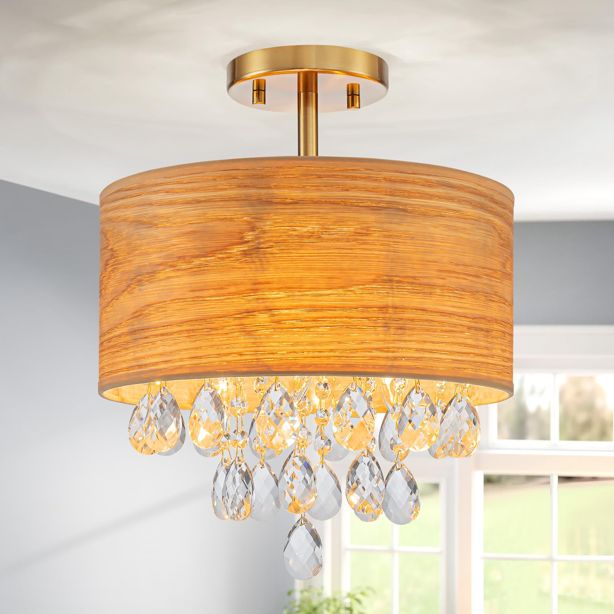 Pine Flicker 3-Light Drum Wood & K9 Crystal Ceiling Lights  Farmhouse Style Semi-Flushmount Light Fixture for Dining Room  Living Room & Bedroom  D12 * H14 inch  Solid Wood Lampshade & Gold Finish