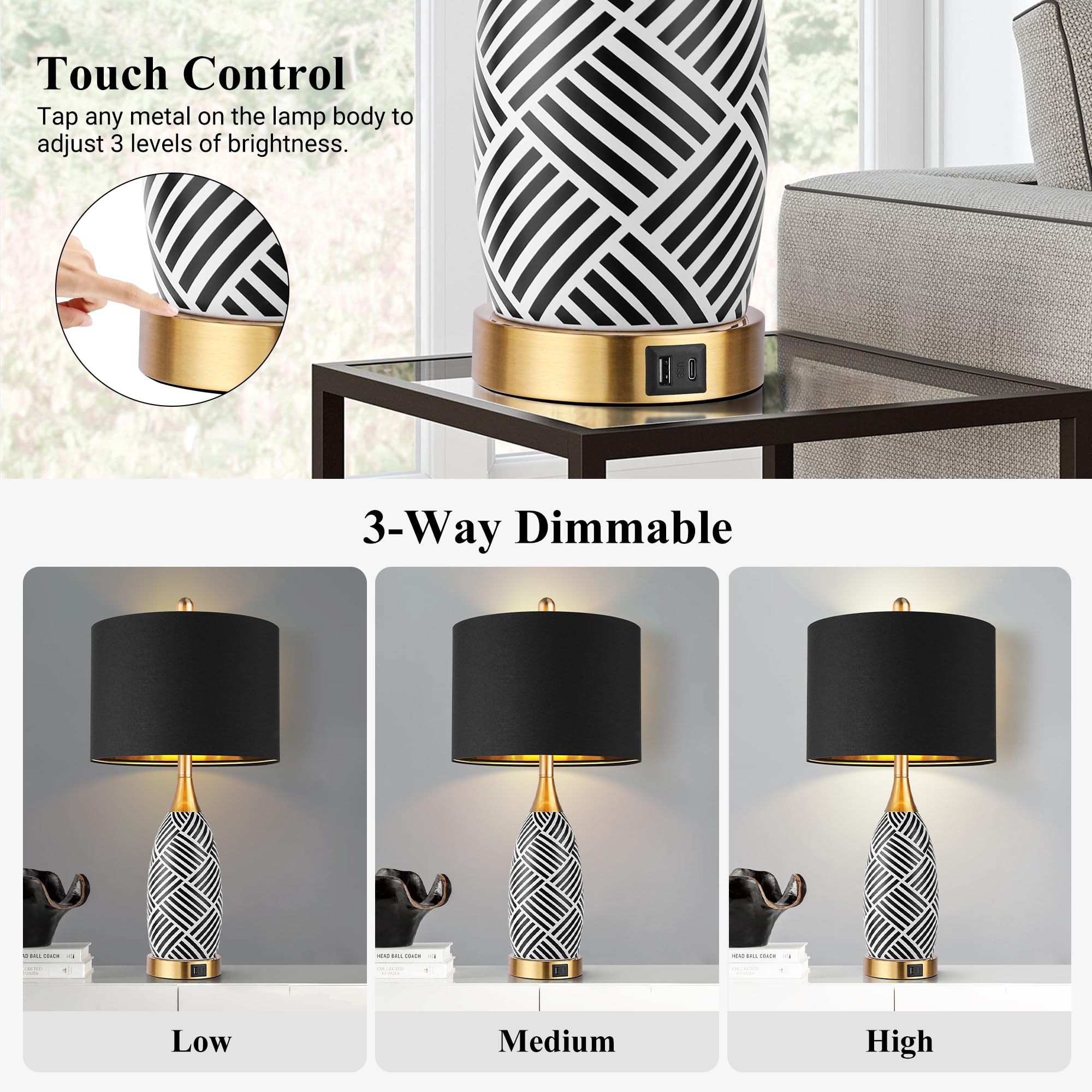WIHTU 25.5 Black and Gold Touch Control Table Lamp, 3-Way Dimmable Ceramic with USB & Type-C Ports, Ideal for Bedroom & Office