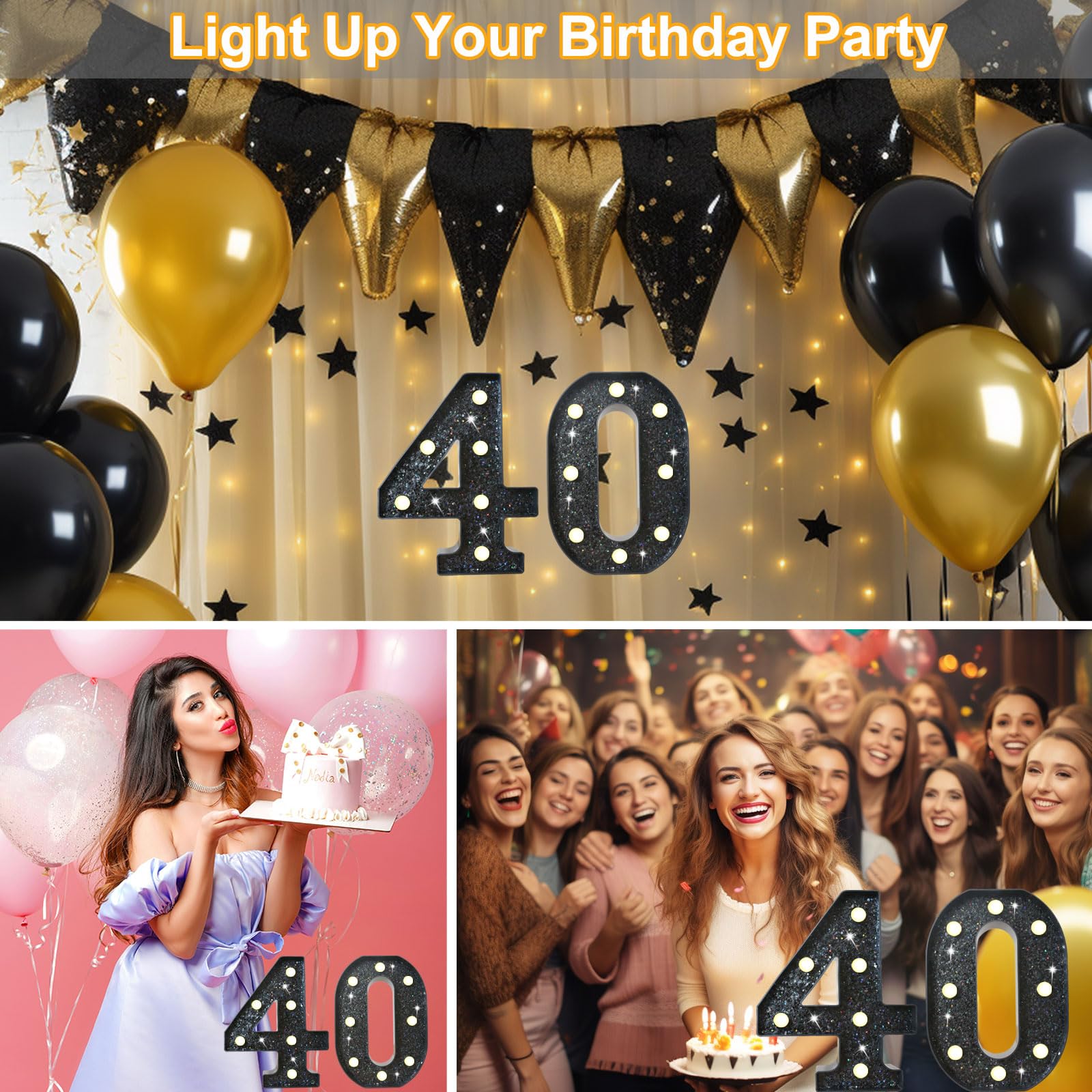 8.8 Decorative Led Light Up Numbers  Glitter Marquee Numbers Lights For 40Th Birthday Decorations  Shiny Lighted Number Sign For Birthday Party Wedding Anniversary Home Decor  Glitter Black 40