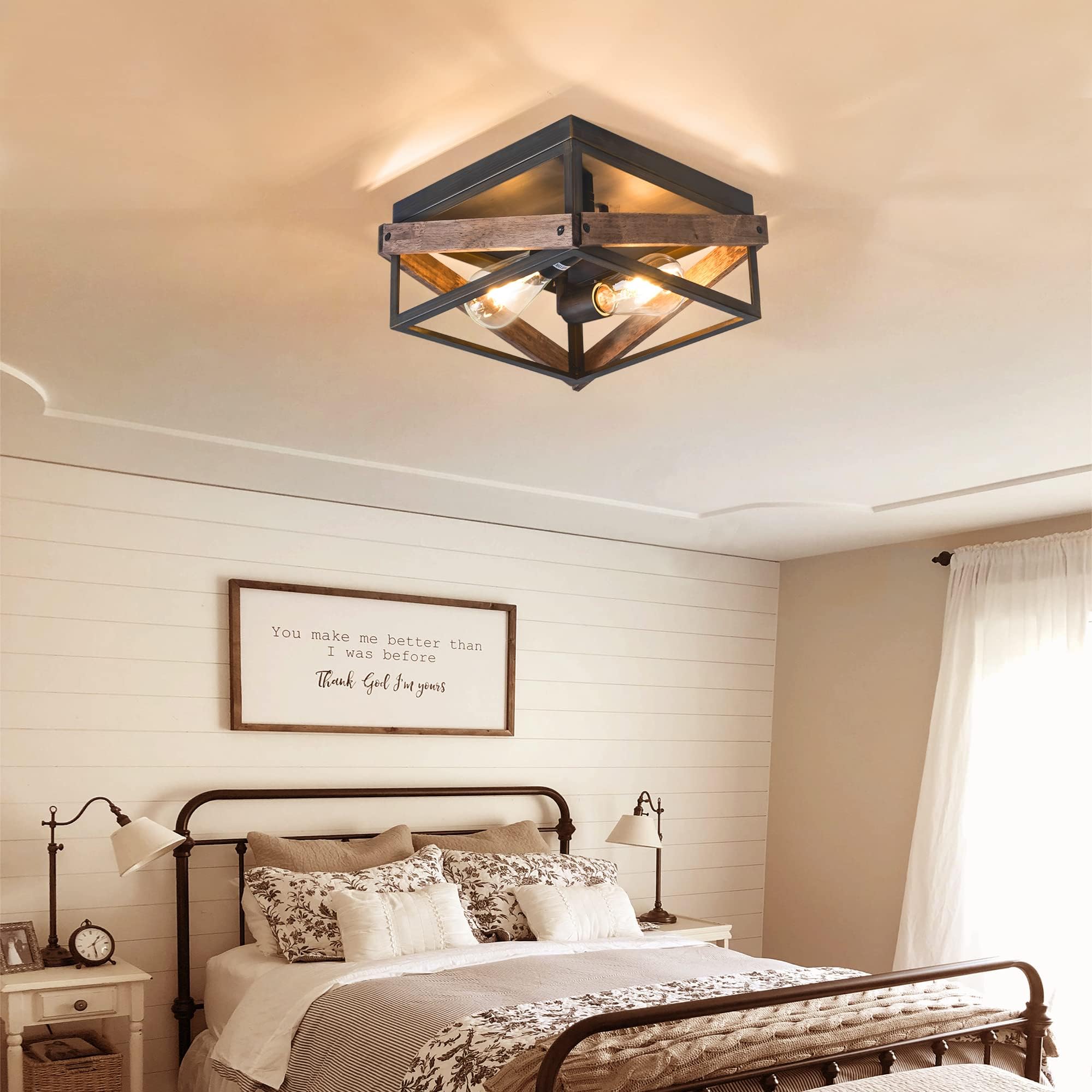 Mayna 2-Light Rustic Ceiling Light Fixture, Farmhouse Flush Mount Ceiling Light, Metal And Wood Square Ceiling Lamp For Hallway