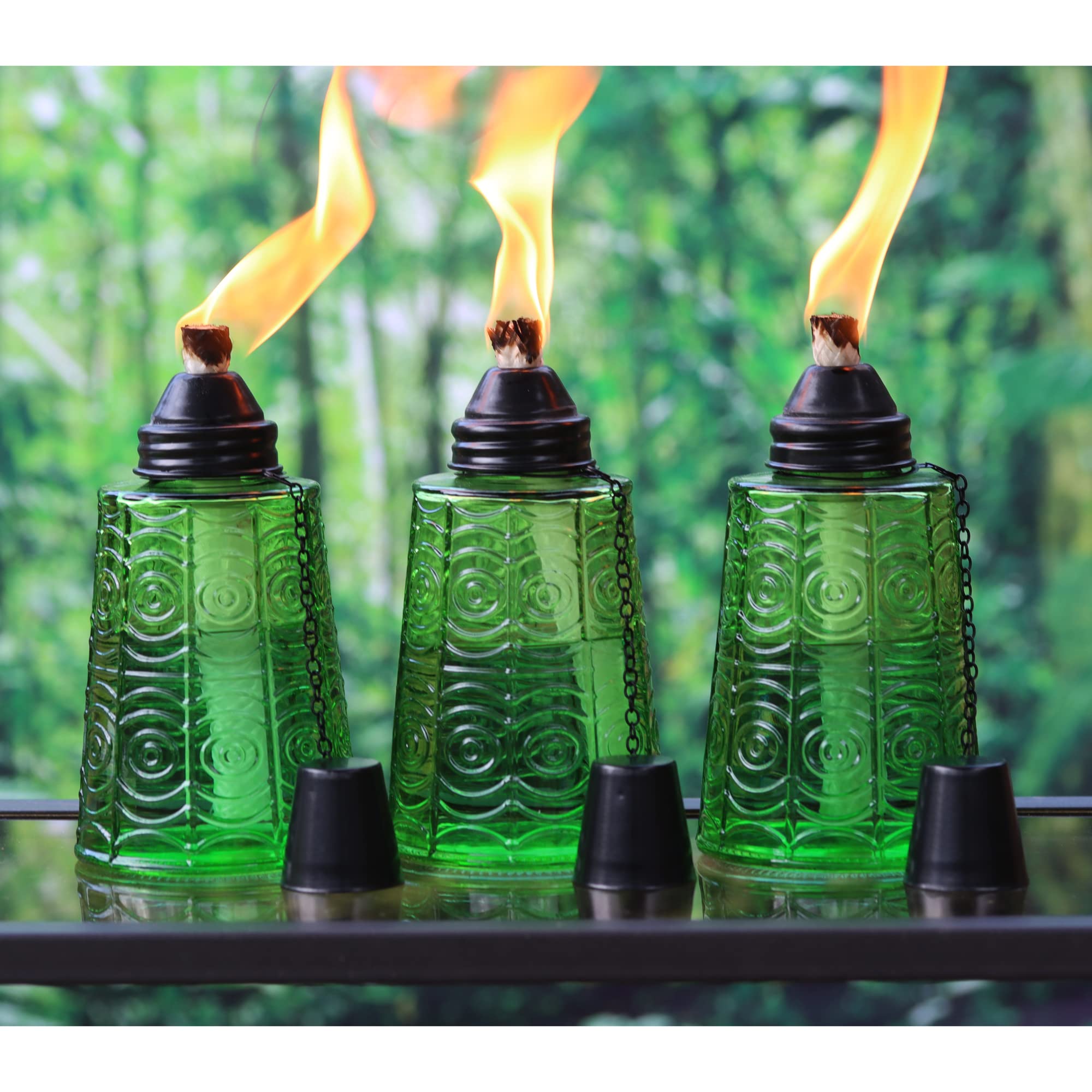 Seraphic Citronella Tiki Torches Set of 3, 16oz Decorative Glass, Green for Outdoor Patio, Deck, Garden, Parties