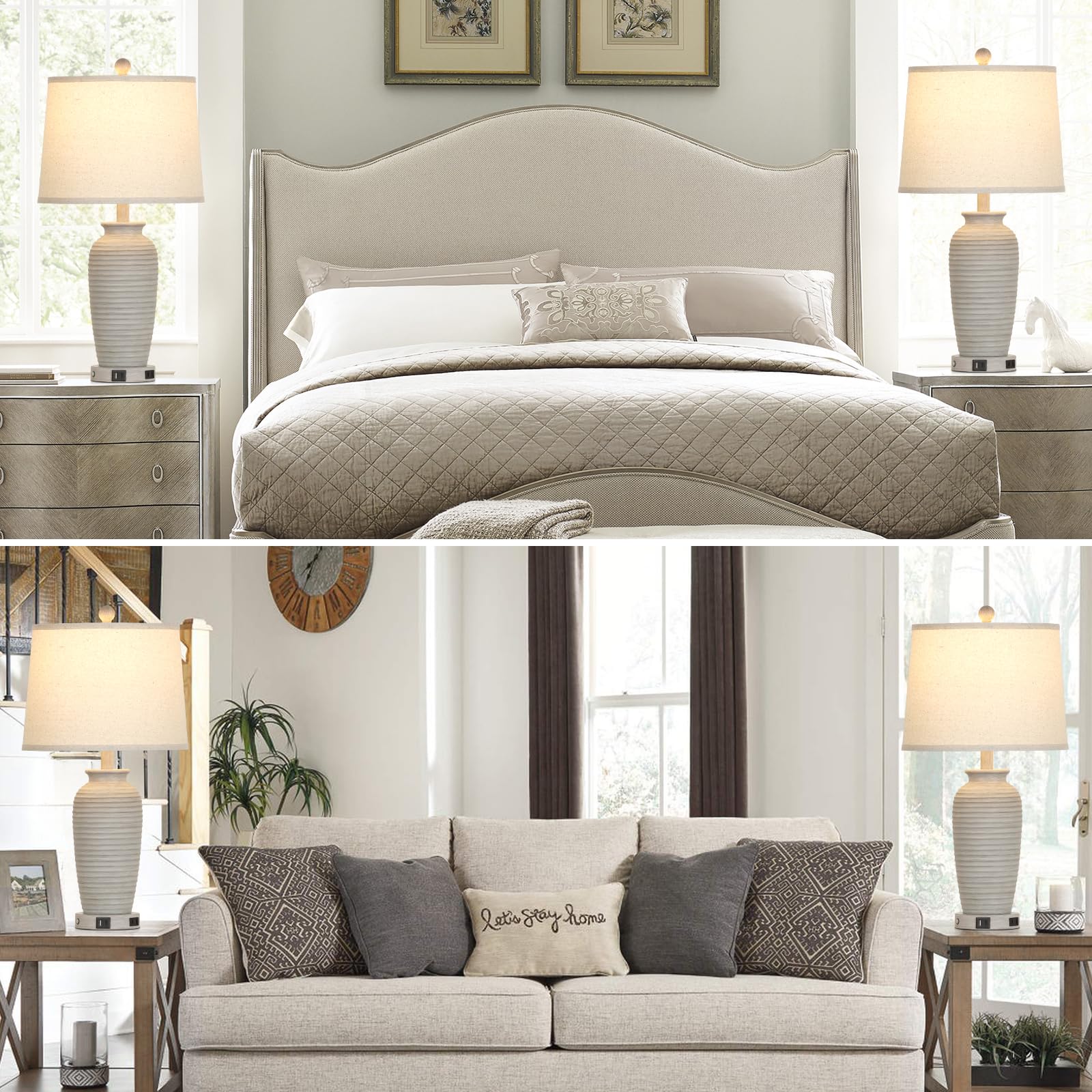 CINSARY 25" Farmhouse Jar Table Lamps Set of 2, Light Gray, Touch Control, USB Ports, AC Outlet, LED Bulbs Included