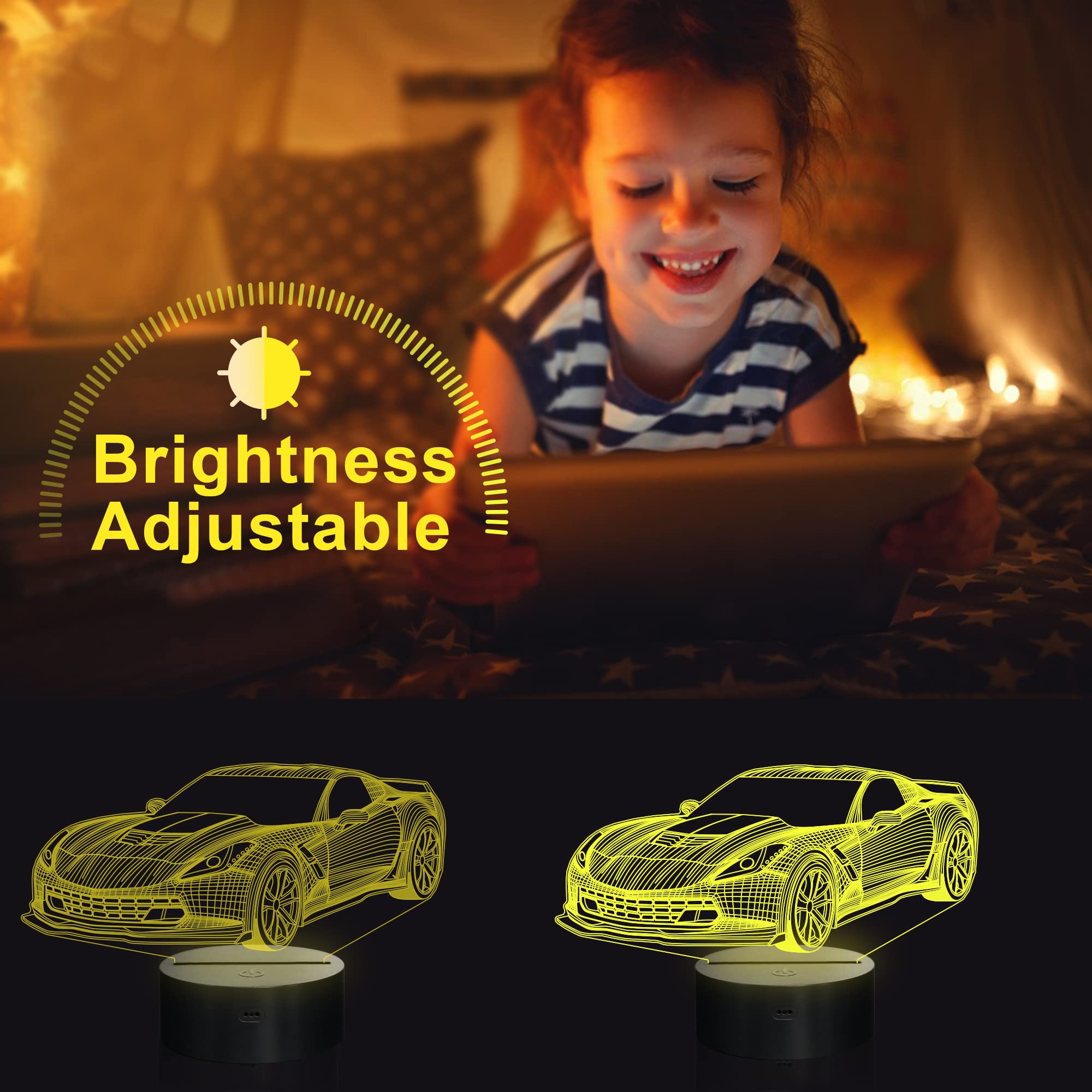 YuanDian Car Night Light, 3D LED Illusion Lamp, Touch Control & Remote, USB & Battery Powered, Multicolor, Model FS-2810-9999