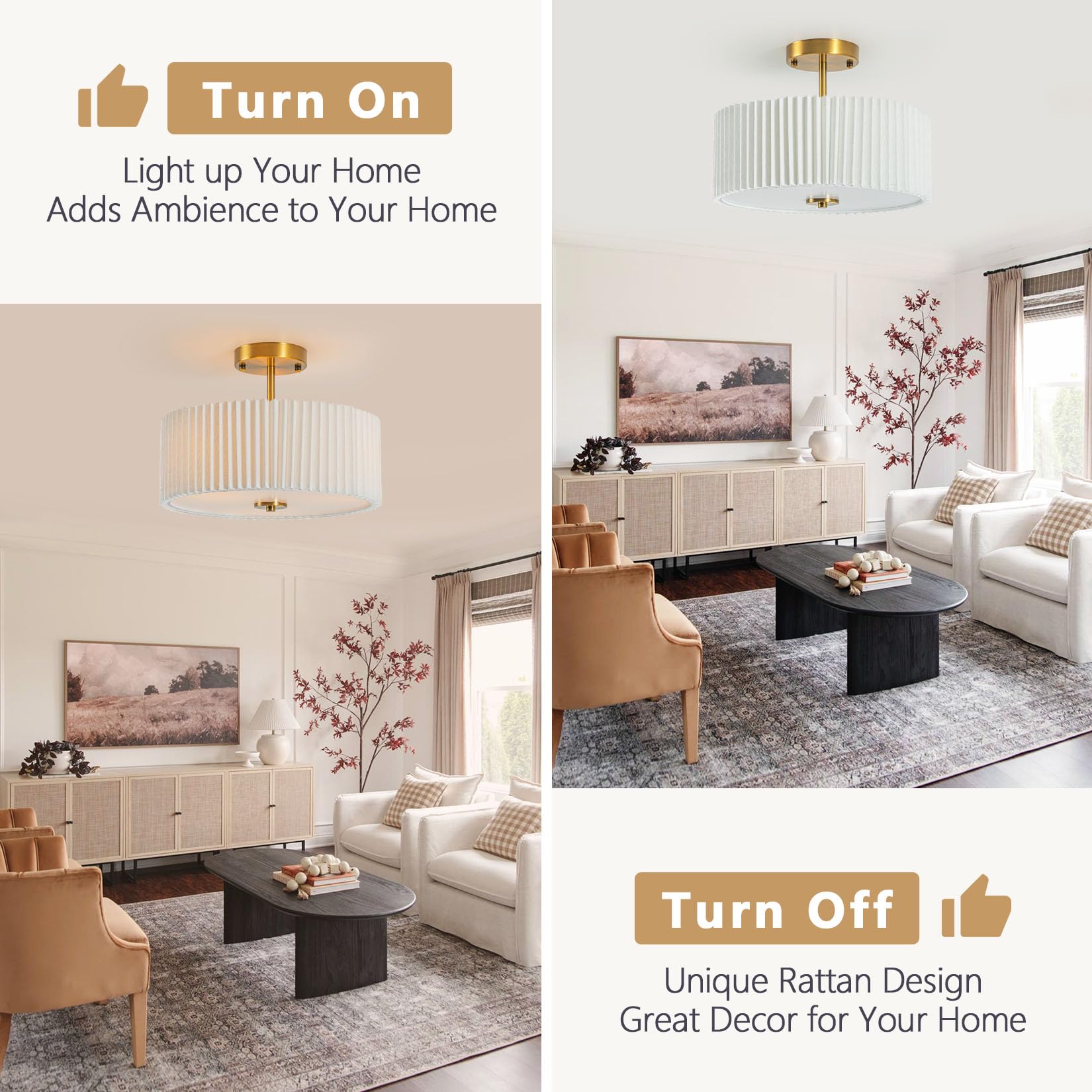 Bargeni Semi Flush Mount Ceiling Light Fixture,12.5 Inch Drum Flush Mount Ceiling Light,Gold Light Fixtures Ceiling Mount,Cream