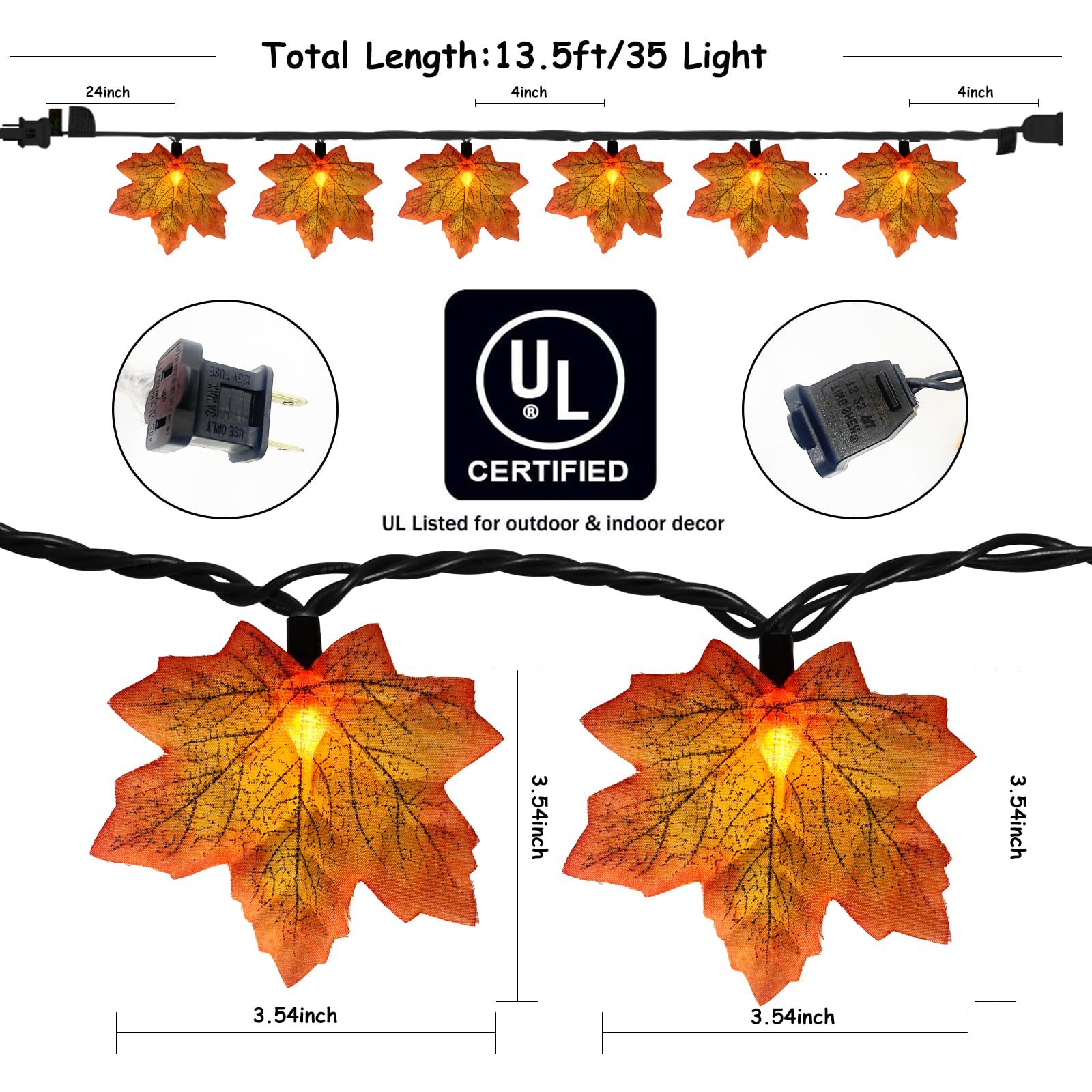 Romasaty LED Maple Leaf String Lights, 13.6FT, 35 Orange Fall Lights, Indoor/Outdoor Decor for Thanksgiving, Halloween, Christmas