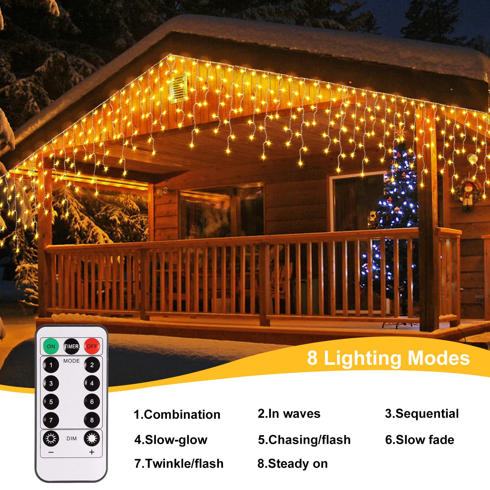 echosari Icicle Lights 10Ft 102 LED Warm White Battery Operated Dimmable with Timer & Remote - Clear Wire