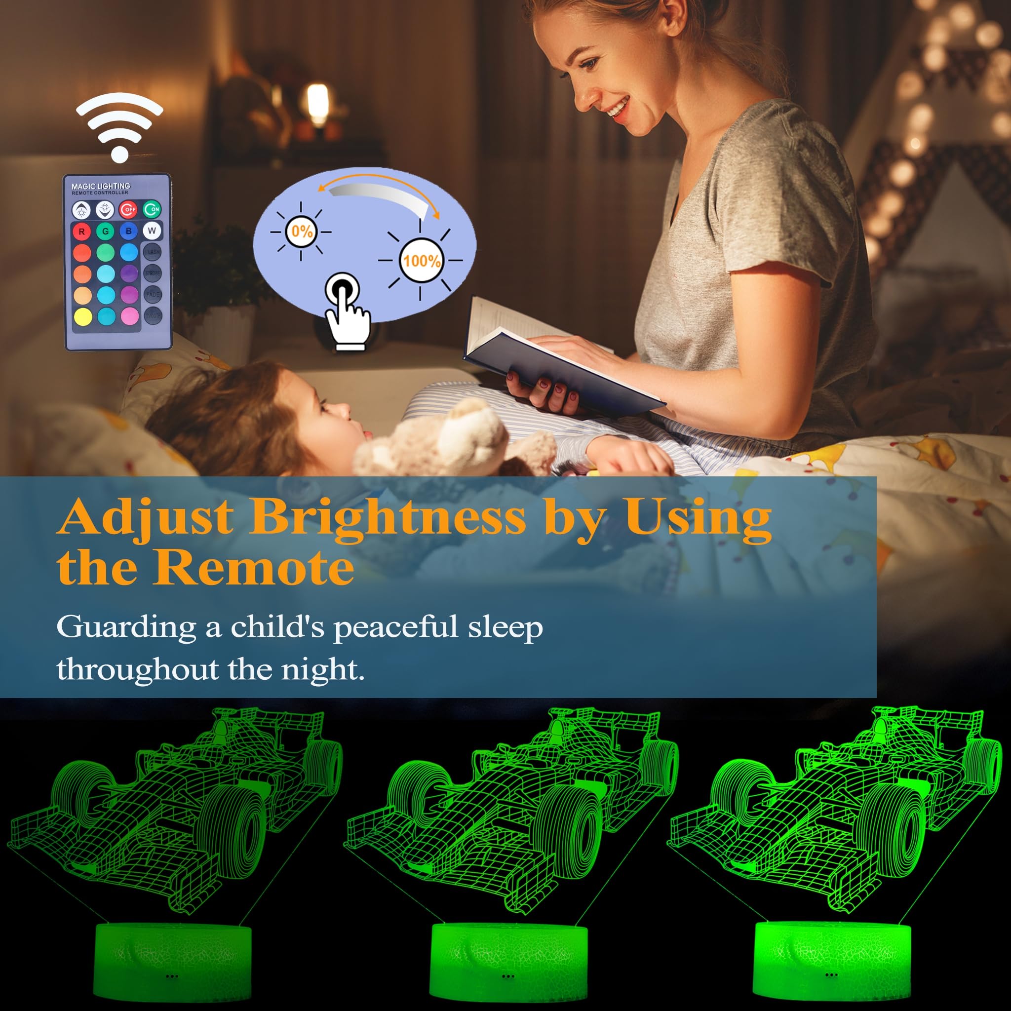 Posshe F1 Car Gifts For Boy, F1 Race Car Night Light With Remote Control, 16 Colors Changing, Rgb Flashing Mode And Dimmable, Ra