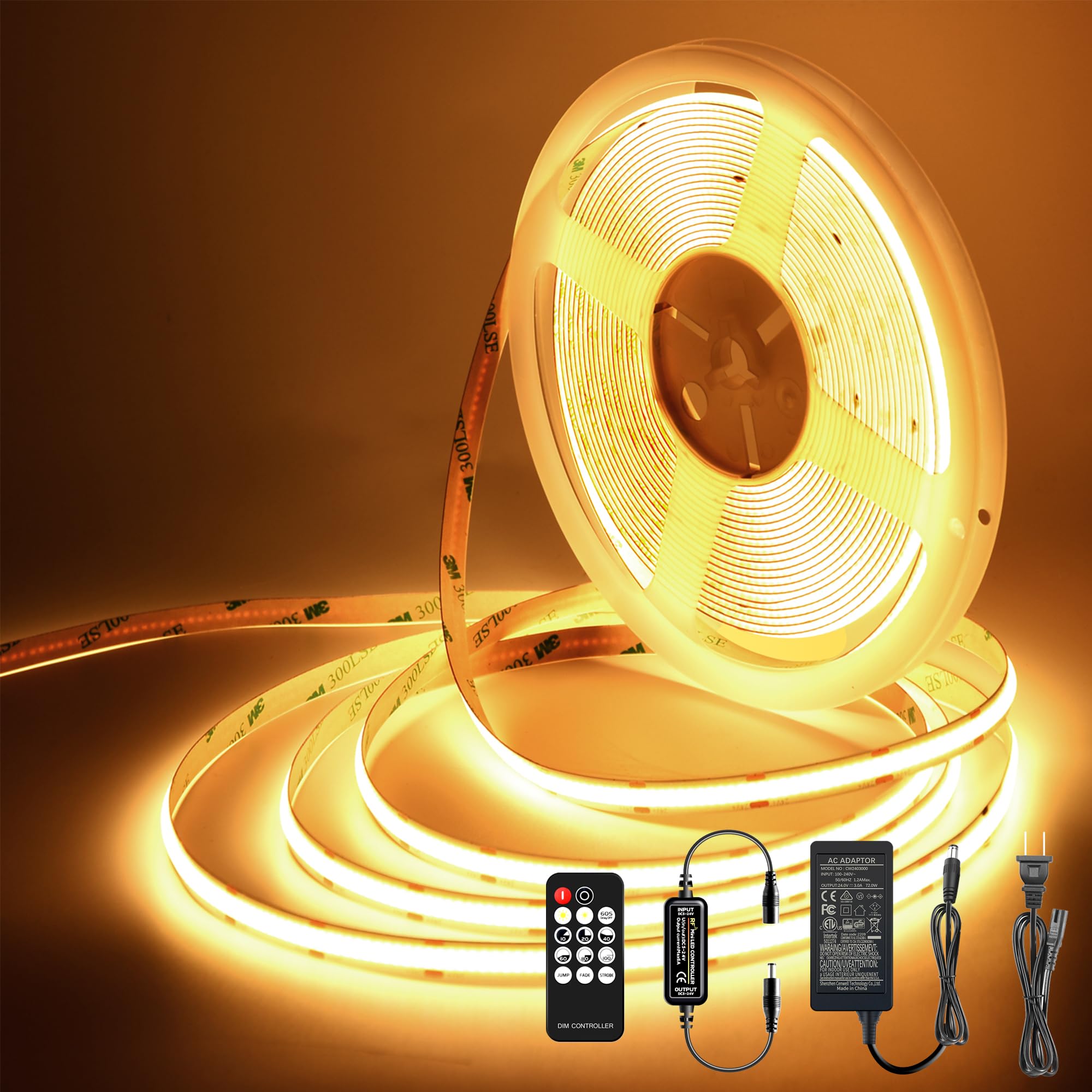 Pandery LED Strip Lights 32.8FT,Dimmable cob led Strip with Adapter and Remote,Superbright 24V led Tape,CRI90+,2700K Warm White 