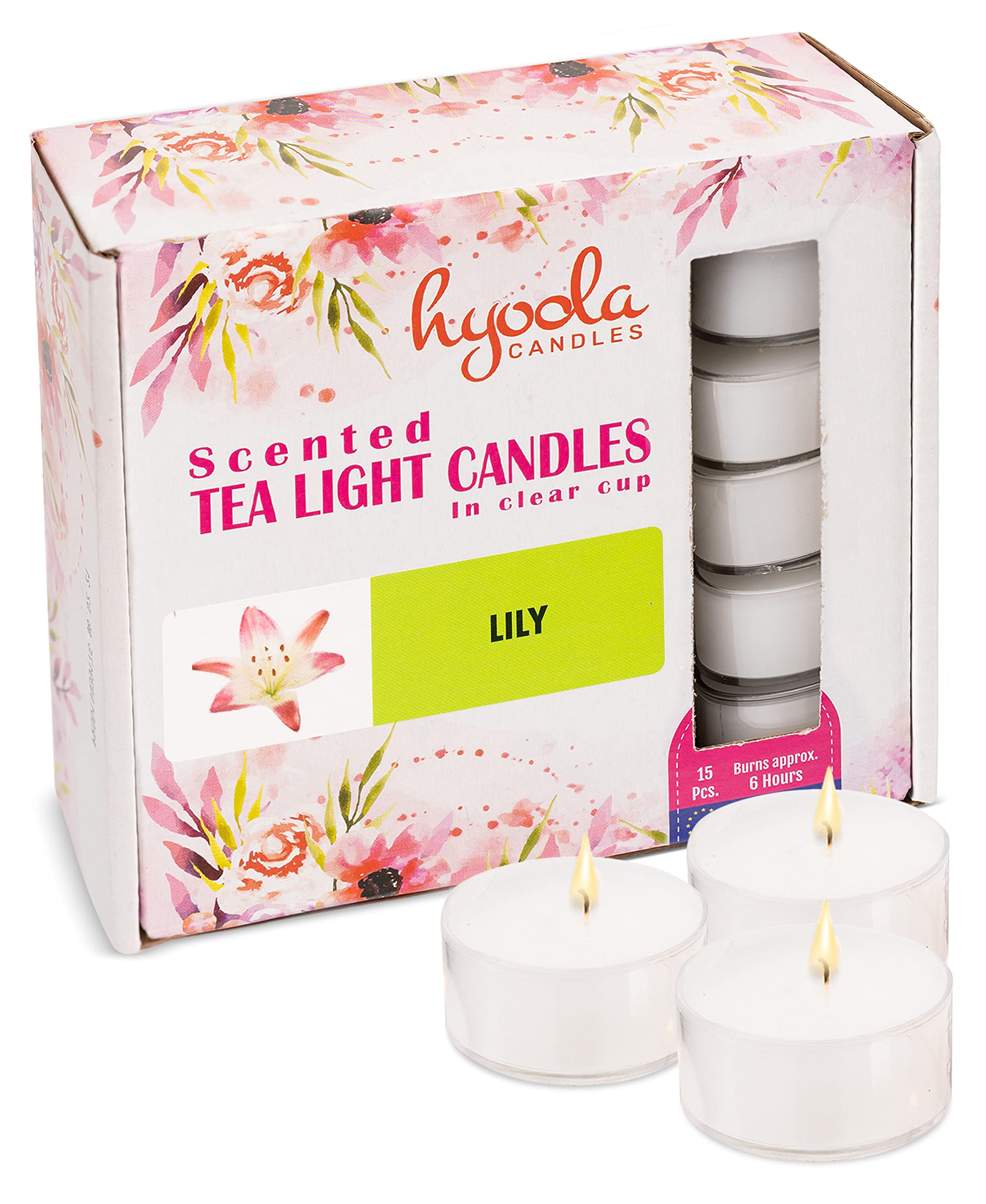 HYOOLA Scented Tealight Candles - Clear Cup - Lily Tealight Candles Scented - 6 Hour Burn Time - 15 Pack - European Made