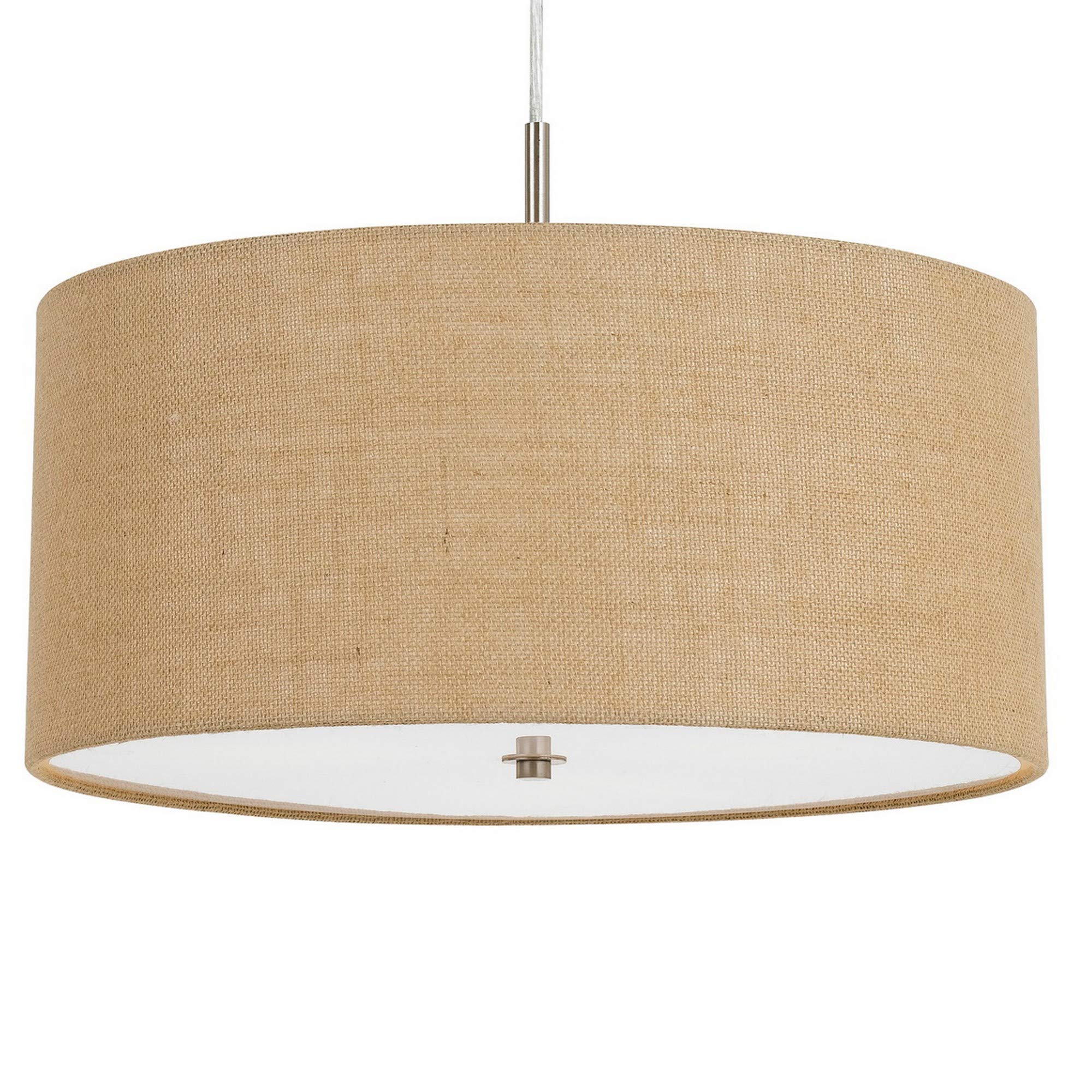 Benjara Metal Pendant Lighting With Fabric Circular Drum Shade And Cord, Beige
