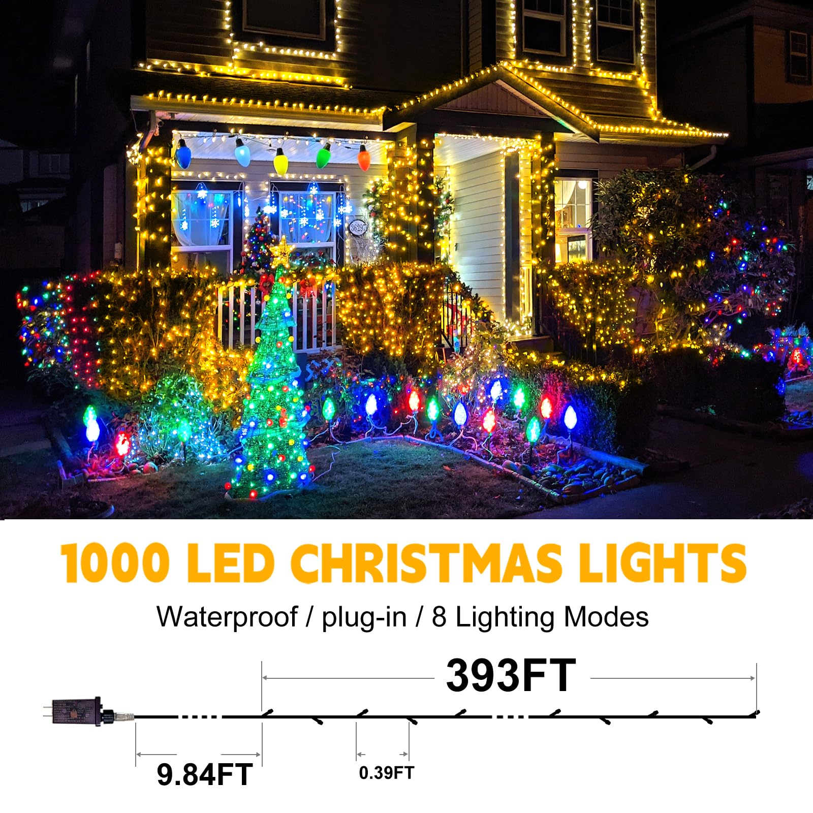 Flvoecn 393Ft 1000Led Christmas Lights - Outdoor Decorations With 8 Modes, Memory Timer & Waterproof Plug-In Fairy String Lights