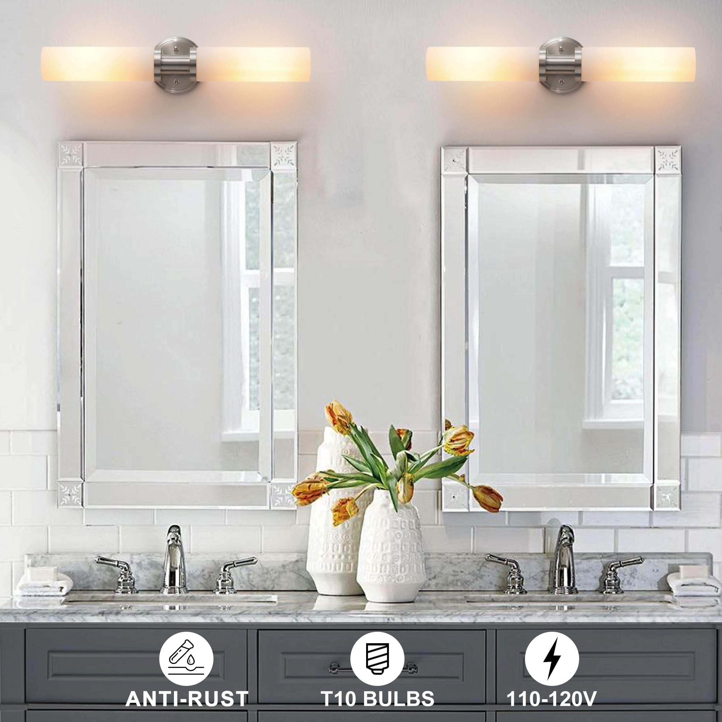 KUZZULL Wall Sconces Set of 2, Brushed Nickel, White Glass, Modern Lighting for Bathroom, Living Room, Hallway, Bedroom