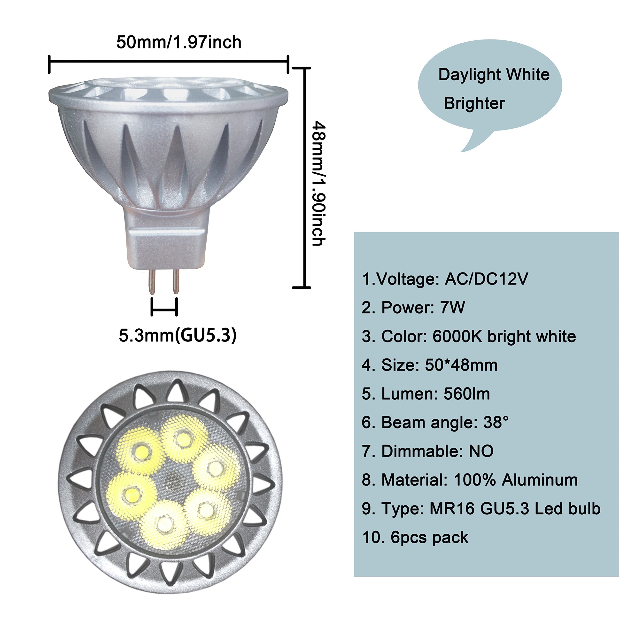 Alide Mr16 Led Bulbs 7W Daylight White 6 Pack, 12V Gu5.3 Aluminum Spotlight, 50W-75W Halogen Equivalent, Not Dimmable