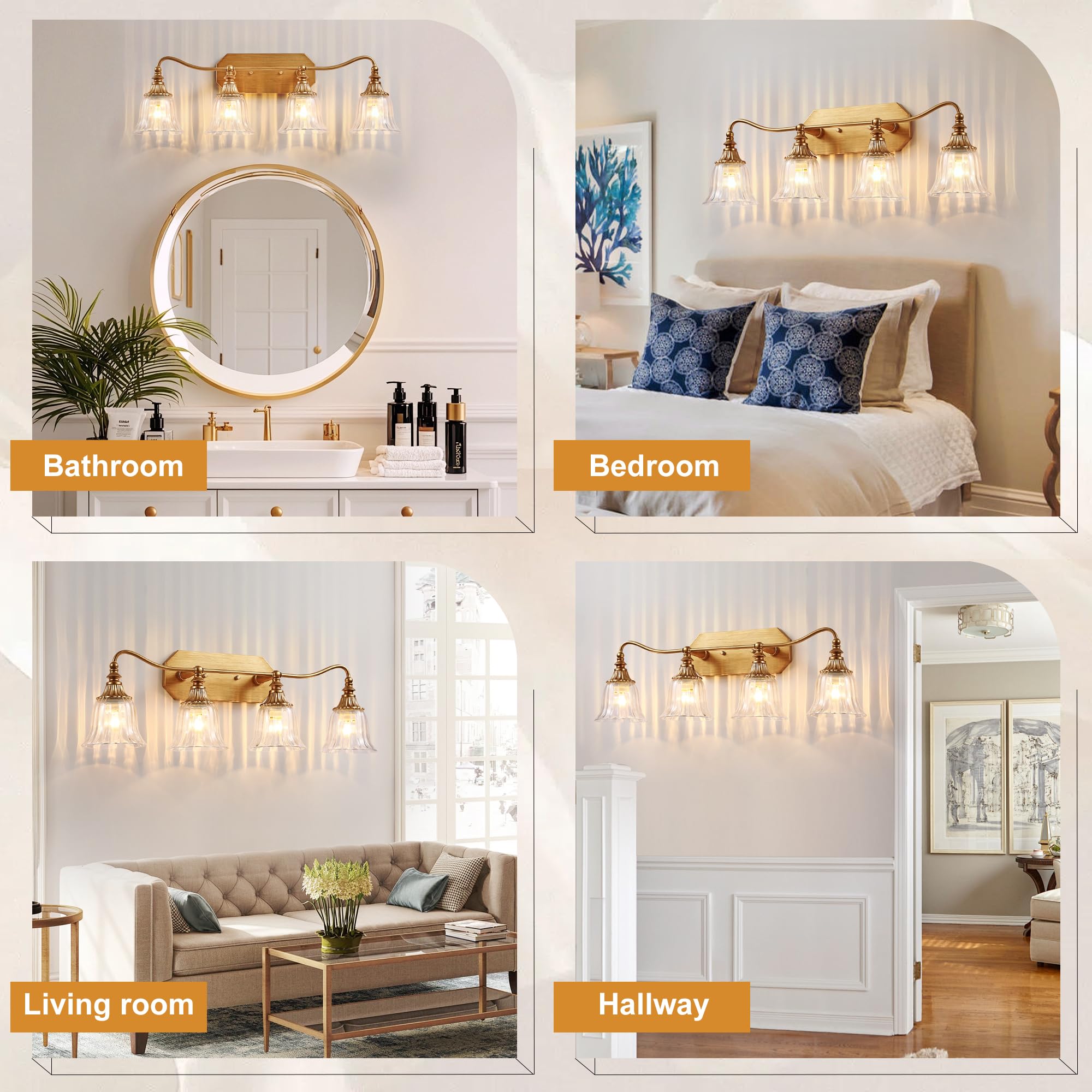 LmnLvn Bathroom Vanity Light Fixture, 4 Lights, Gold Antique Brass with Crystal Shade, Vintage Bathroom Lighting