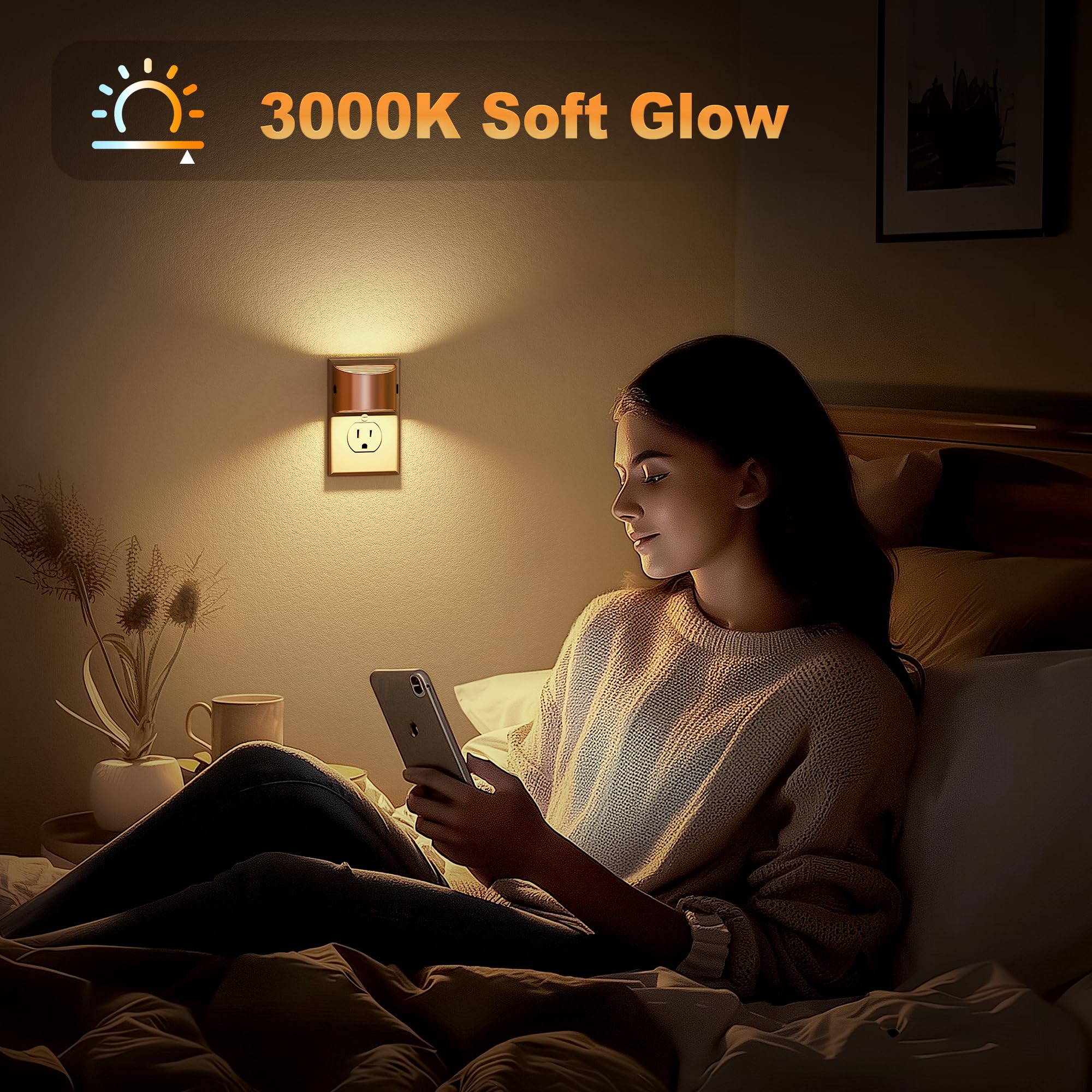 JandCase LED Night Lights, 2 Pack, Dusk to Dawn Sensor, 0-100LM Brightness Adjustable, Rose Gold, Model C-GY10702RGUS-2